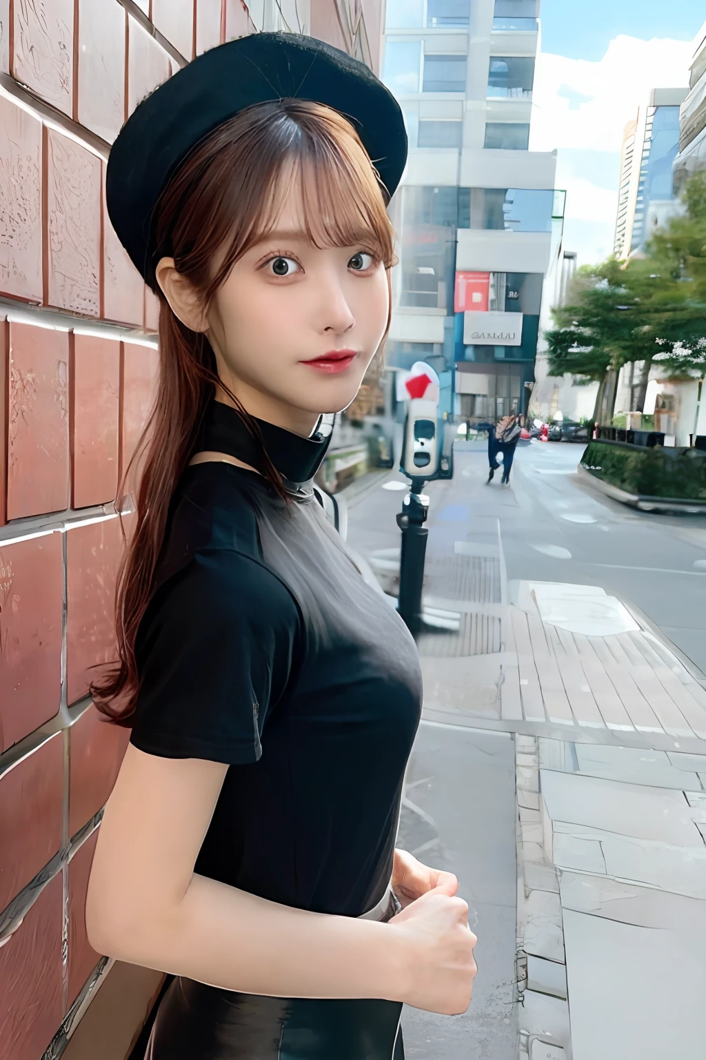 apinkhayoung, urban, streets, (day:1.1), RAW,(8k, best quality, masterpiece:1.2),(intricate details:1.4),(photorealistic:1.4),octane render, complex 3d render ultra detailed, studio soft light, rim light, vibrant details, ultra detailed, realistic skin texture, detailed face, beautiful detailed eyes, extremely detailed CG unity 8k wallpaper, makeup, (detailed background:1.2), (cowboy shot:1.2),(perfect anatomy:1.2),(wide hip:1.1),(black t-shirt, pants, choker, beret:1.2),