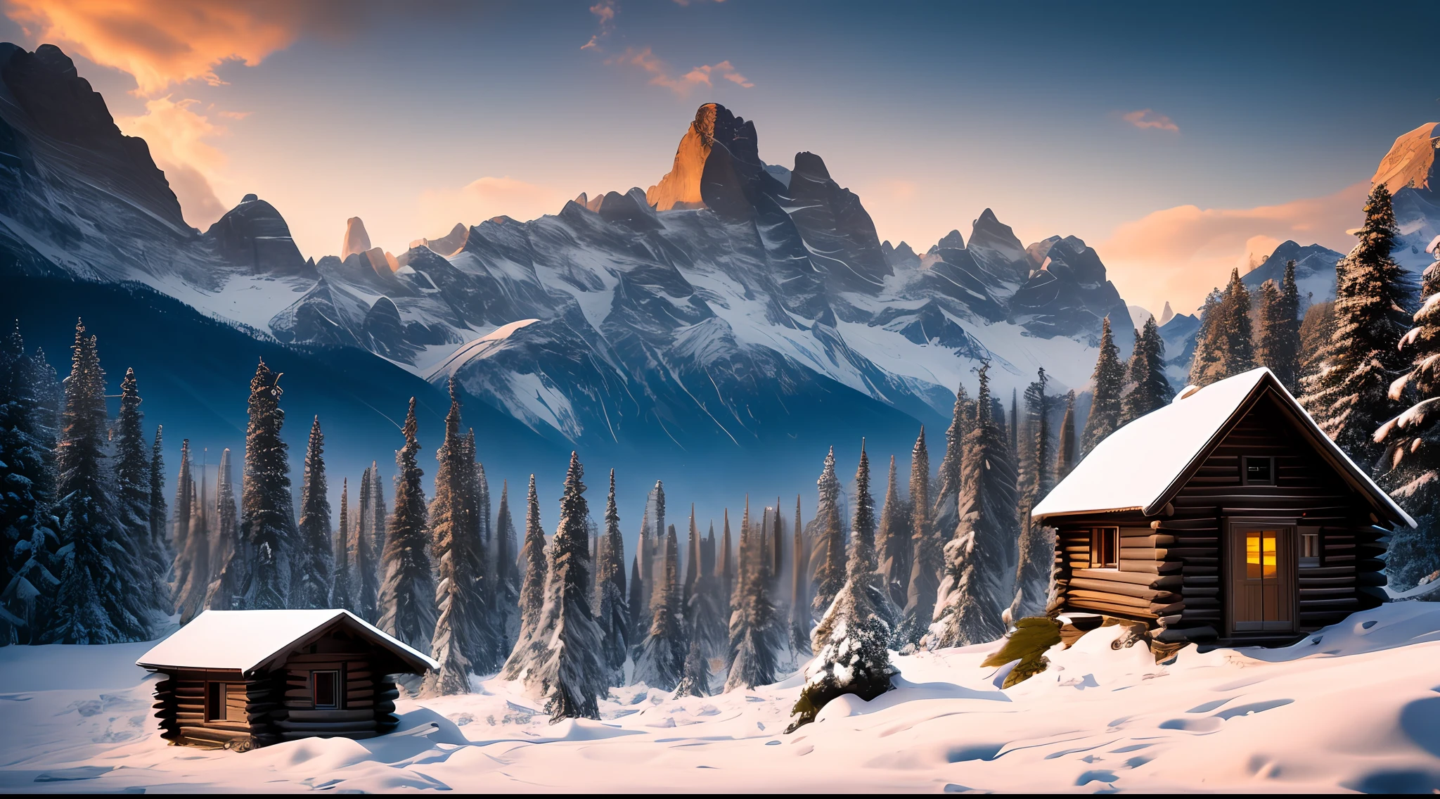 ChromaV5, nvinkpunk, masterpiece, best quality, high quality, extremely detailed realistic 8k wallpaper,landscape with texture ,Landscape photo of the Alps mountains, Austria, award winning photography, bloom, Photorealistic, extremely detailed, trending on artstation, trending on CGsociety, Intricate, High Detail, dramatic, carpathian mountains, ((blizzard)), ((snowy)),  log hut, campfire