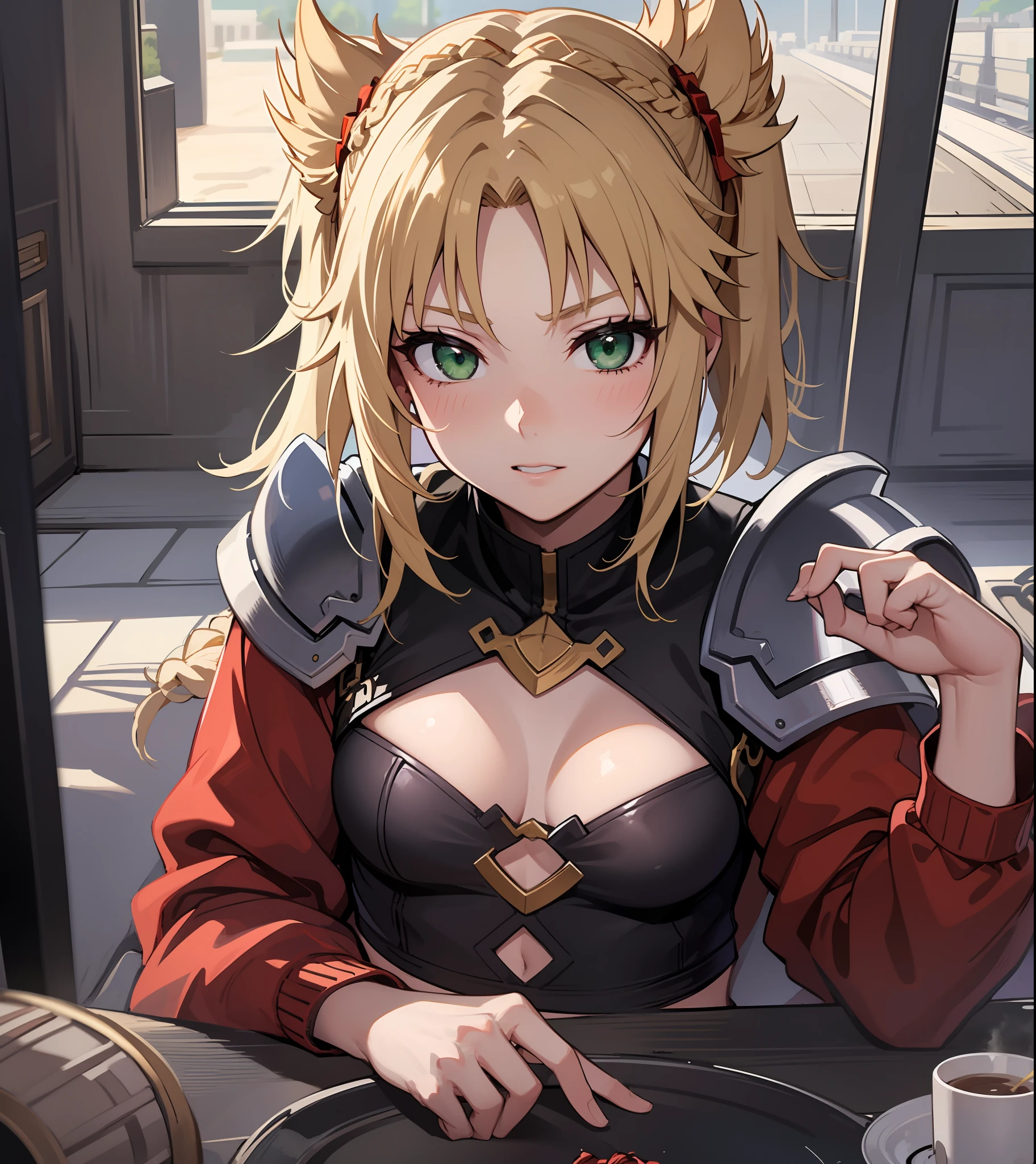 Beautiful, Masterpiece, Best Quality, extremely detailed face, perfect lighting, mordred \(fate\), a 1girl, 独奏, Green eyes, thinking, braid, stands, blusher, 鎖骨, crop-top, plate armor, looking a viewer, little chest, Red shirt, Shirt, upper-body,