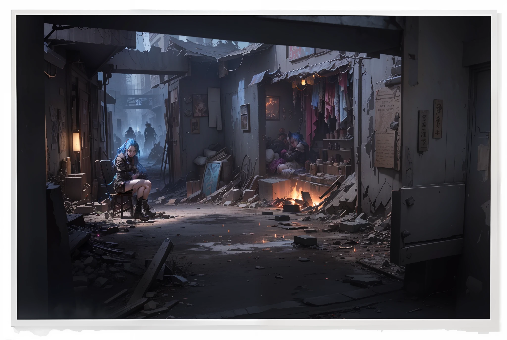 ((Best quality)), ((masterpiece)), (highly detailed:1.3), 3D, arcane style,In the dark and courageous dystopian city of Piltover, plagued by violence and divided into two opposing factions, a young prodigy named Jinx emerges. Having endured unimaginable loss and abandonment, she embraced a life of chaos and destruction. Known for her inventive and explosive abilities, Jinx becomes an icon of rebellion against the oppressive forces that control the city. However, haunted by guilt and battling inner demons, she must confront her past and decide whether to continue on the path of anarchy or seek redemption amid the turmoil. Explore Jinx's journey as she navigates a treacherous world, fighting for survival, unlocking secrets, and discovering the true meaning of her twisted existence, chaos reigns supreme, and at the center of it all is Jinx, the embodiment of unpredictability. Delve deep into Jinx's twisted mind, exploring the origins of his madness and the driving force behind his destructive nature. Unravel the moments that shaped her into the crazed, iconic character we know. Take us on a wild journey through the vibrant streets of Piltover and the shadowy suburb of Zaun as Jinx wreaks havoc with his explosive arsenal. Can redemption find its way into Jinx's fractured soul? Or will she dance forever on the edge of sanity, embracing the chaos that fuels her very existence? Arcane's fate hangs in the balance as Jinx's path intertwines with unlikely allies and formidable enemies. Ignite your imagination and paint a vivid portrait of Jinx's distorted psyche, capturing the essence of her madness and the indomitable spirit that defines it, HDR (High Dynamic Range), Ray Tracing, NVIDIA RTX, Super-Resolution, Unreal 5, Subsurface Scattering, PBR Texturing, Post-processing, Anisotropic Filtering, Depth of Field, Maximum Clarity and Sharpness, Multit Textures