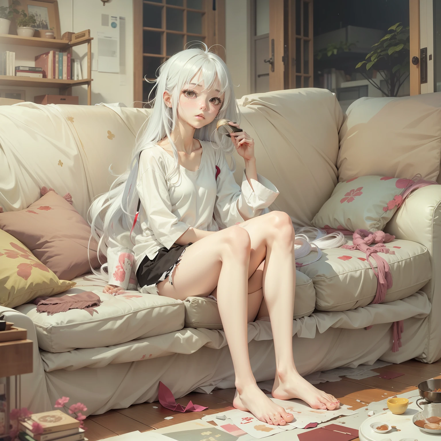 16-year-old age girl, thin, short height, big white shirt, black shorts, bare feet, sitting on sofa, long white hair and messy, Kozakura character in Urasekai anime, high quality masterpiece