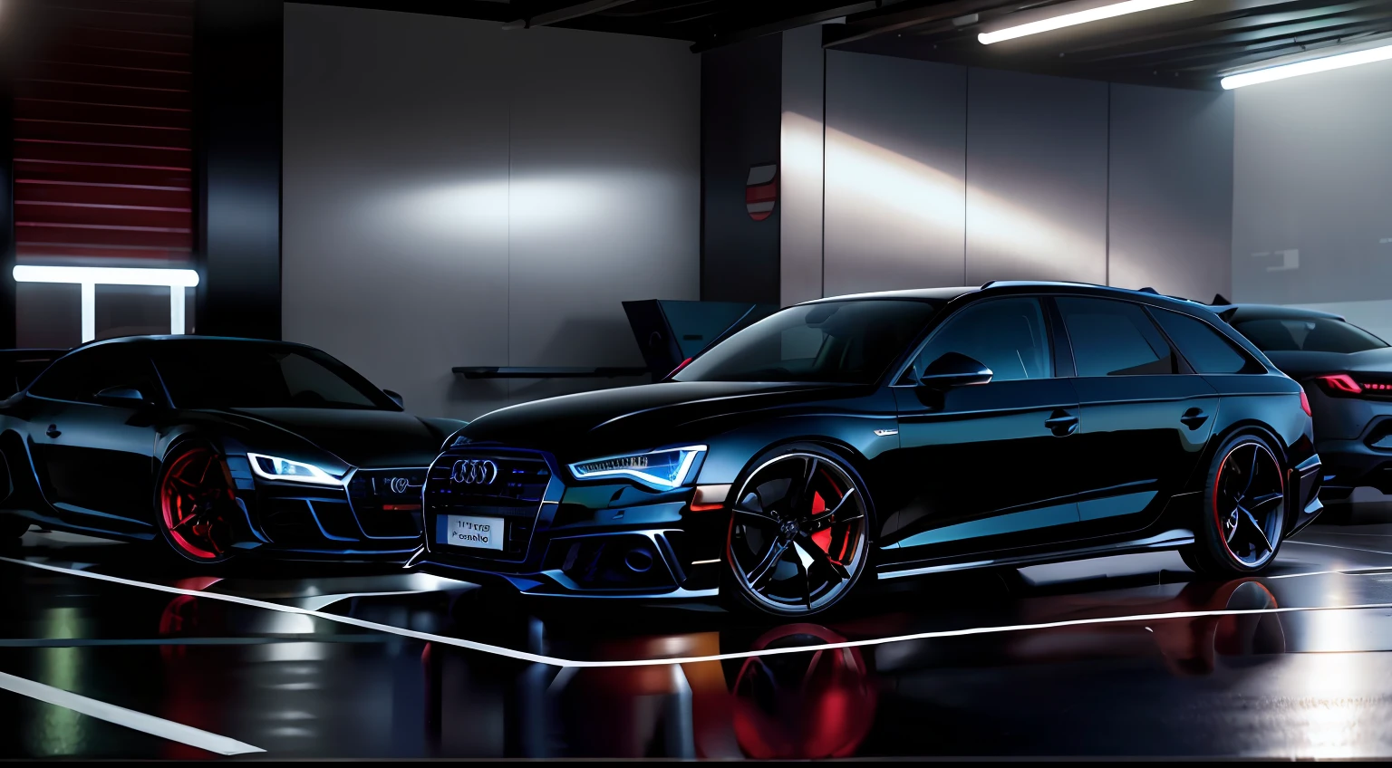 Allafer Audi with a black car in the garage，There is a black umbrella, vehicle photography, automotive photography, “wide shot, very wide angle shot, Wide body, auto photography, super wide shot, ultra realistic”, ultra realistic”, super wide shot, super wide shot, ultra realistic”, hyperrealistic”, car commercial photograph, hyperrealistic ”, hyperrealistic”