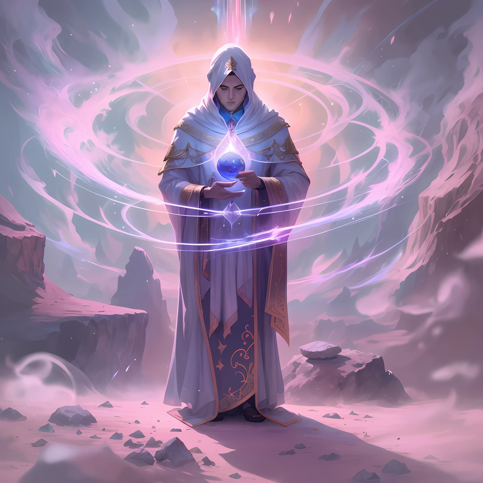 arafed image of a man in a white robe holding a crystal ball, an arcane wizard casting a spell, peter mohrbacher style, peter mohrbacher c 2 0, peter mohrbacher artstyle, portrait of a mage, peter mohrbacher'', mohrbacher, peter mohrbacher digital art, in the art style of mohrbacher