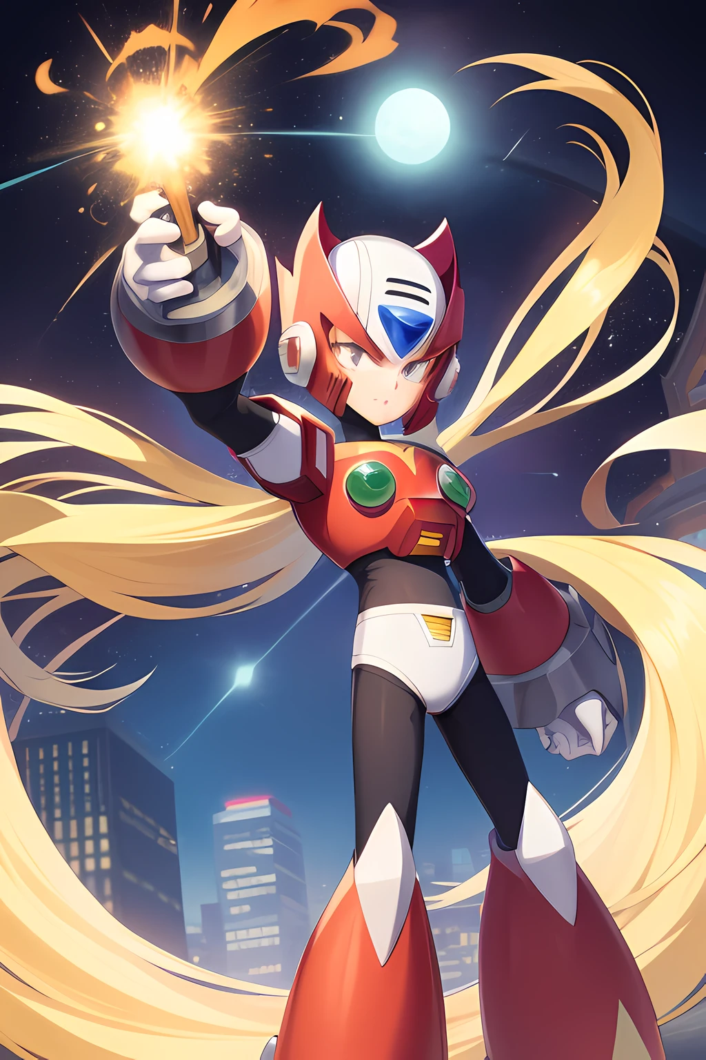 zero_Megamanx, , sozinho, olhos azuis, blonde hair, rabo-de-cavalo, cabelos muito longos, cabelos longos, capacete, android, Foco masculino, furioso, master part, alta qualidade, cidade futurista, Orange skye