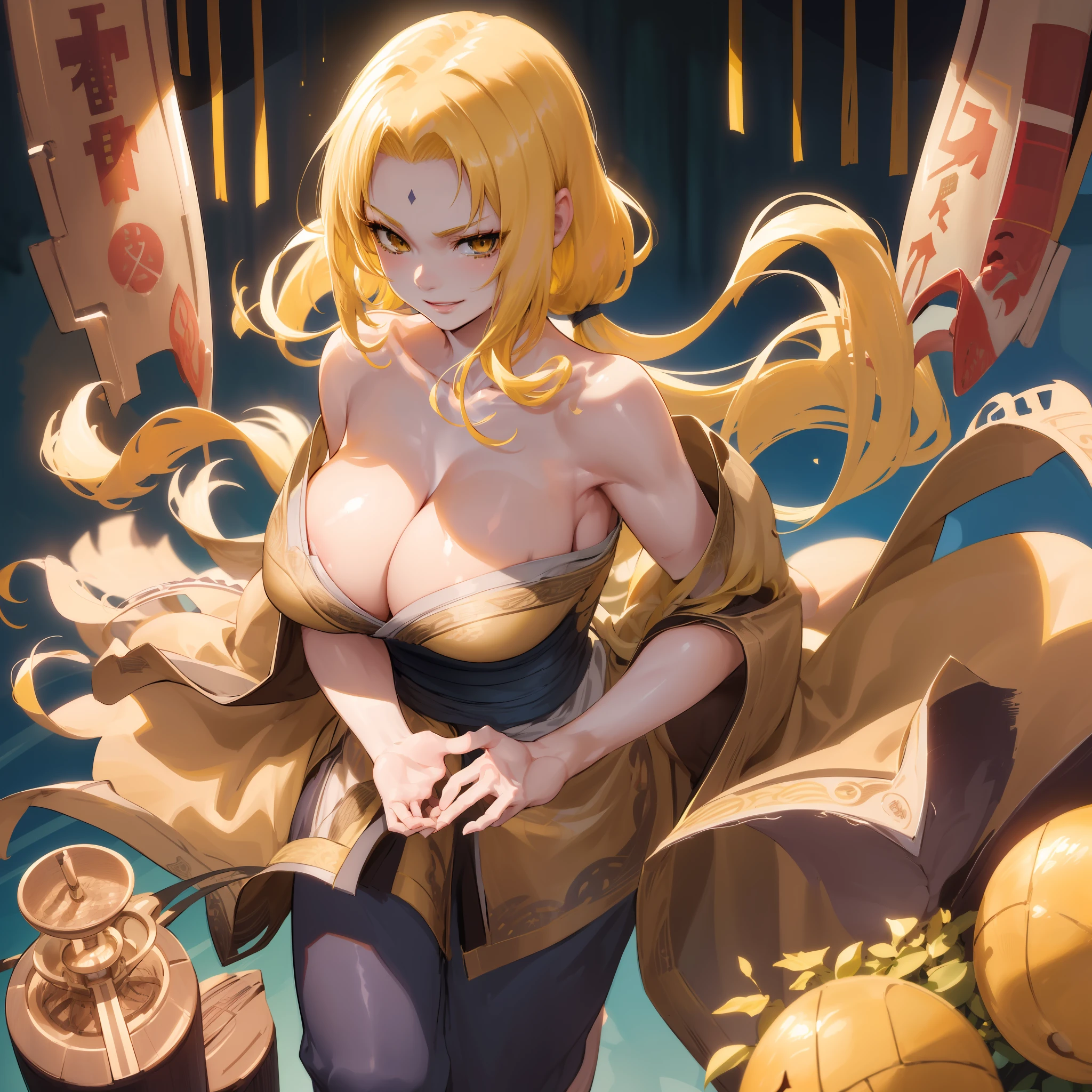 TsunadeNS, tsunade_senju, woman, fullbody, best quality, high resolution, distinct image, Cinematic light, intricate_detail, highres, official art, finely detailed beautiful face, high-resolution illustration, 8k, dark intense shadows, overexposure, 1girl, solo, huge breasts, kimono, cleavage, smile, lips, bare_shoulders, indoors, alcohol, bottle, sake_bottle, cup, holding, off_shoulder, (detailed hair), (masterpiece), (best quality), (ultra-detailed), sharp focus, detailed face, ((perfect anatomy)), high quality anime, anime art style, perfect lighting, (intricate details), (depth of field), full body, best quality, high resolution, distinct image, Cinematic light, intricate_detail, highres, official art, finely detailed beautiful face, high-resolution illustration, 8k, dark intense shadows, overexposure, 1girl, solo, (yellow hair:1.4), long hair, wavy hair,(arm + hand + 1_thumb), Five fingers each, perfect hands,