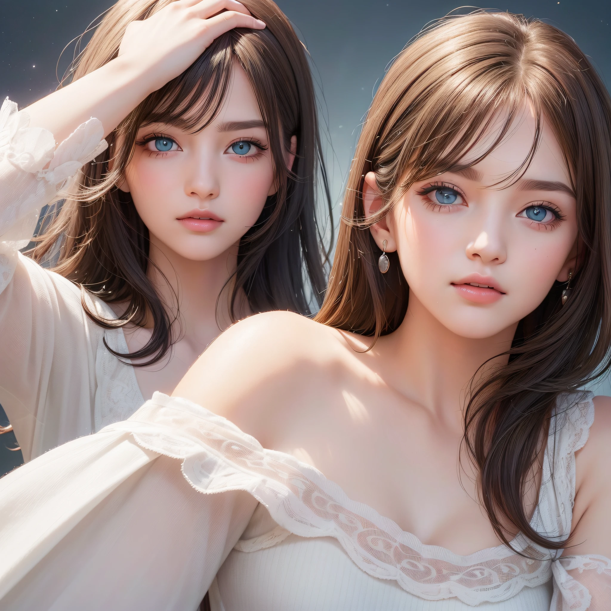 (Best Quality:1.5), (Exquisite CG), (High resolution:1.5)、The face is protruding from the photo、greeneye、Sapphire green eyes、lipgloss、Eye Gloss、Expressions that raise the corners of the mouth to express joy and kindness on the face、Open your mouth a little、round and large eyes、brown silver hair、short-hair、the background is the universe、