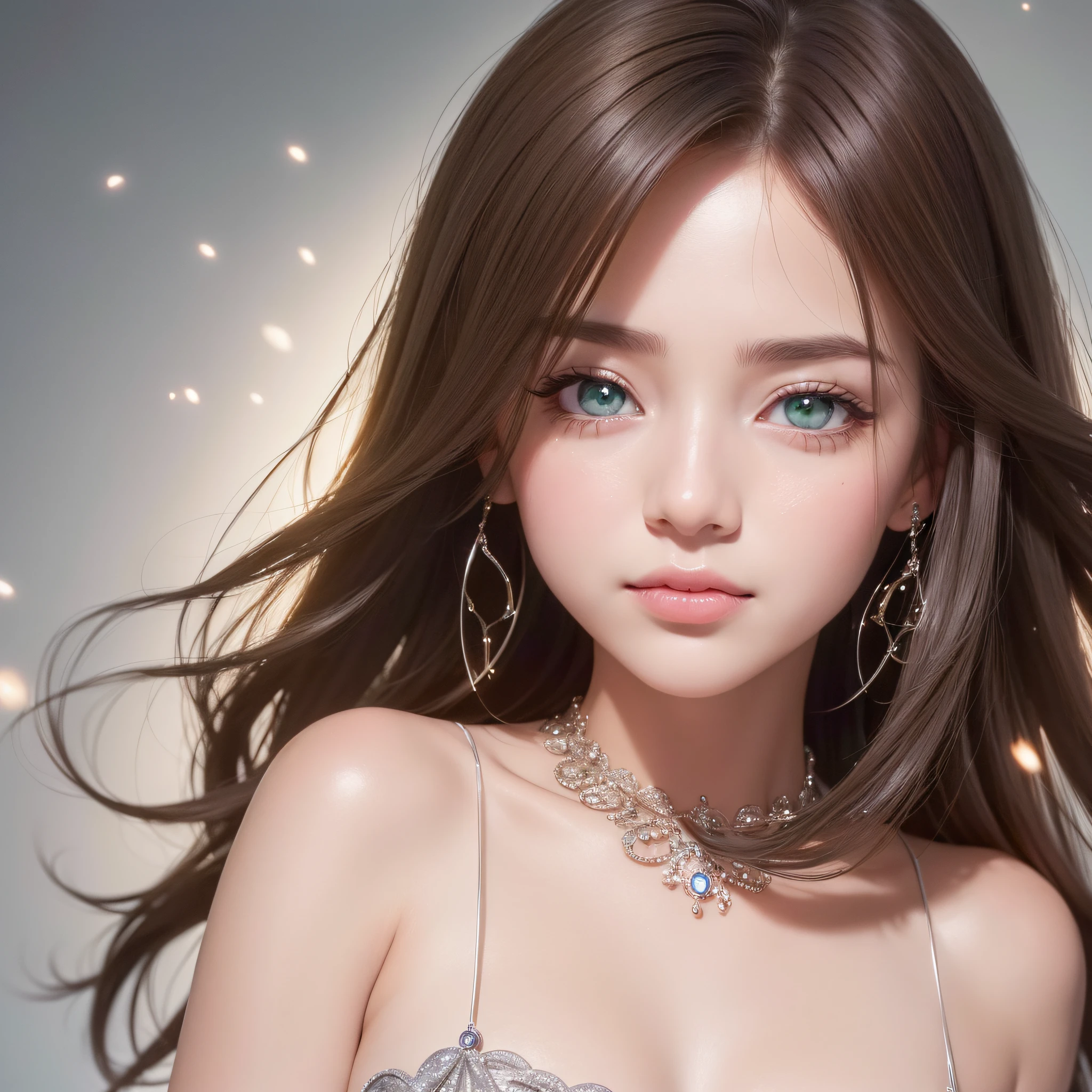 (Best Quality:1.5), (Exquisite CG), (High resolution:1.5)、The face is protruding from the photo、greeneye、Sapphire green eyes、lipgloss、Eye Gloss、Expressions that raise the corners of the mouth to express joy and kindness on the face、Open your mouth a little、round and large eyes、brown silver hair、short-hair、the background is the universe、