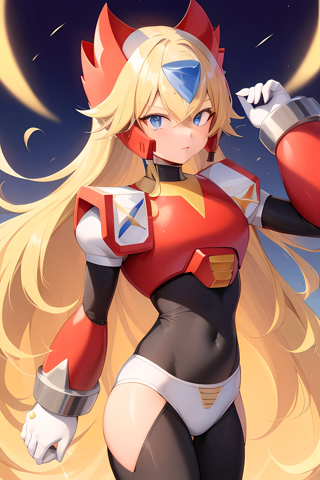 zero_Megamanx, 1st grade, sozinho, gorota bonita, olhos azuis, blonde hair, rabo-de-cavalo, peitos bem grandes, cabelos muito longos, cabelos longos, capacete, android, Foco feminino, furioso, master part, alta qualidade,