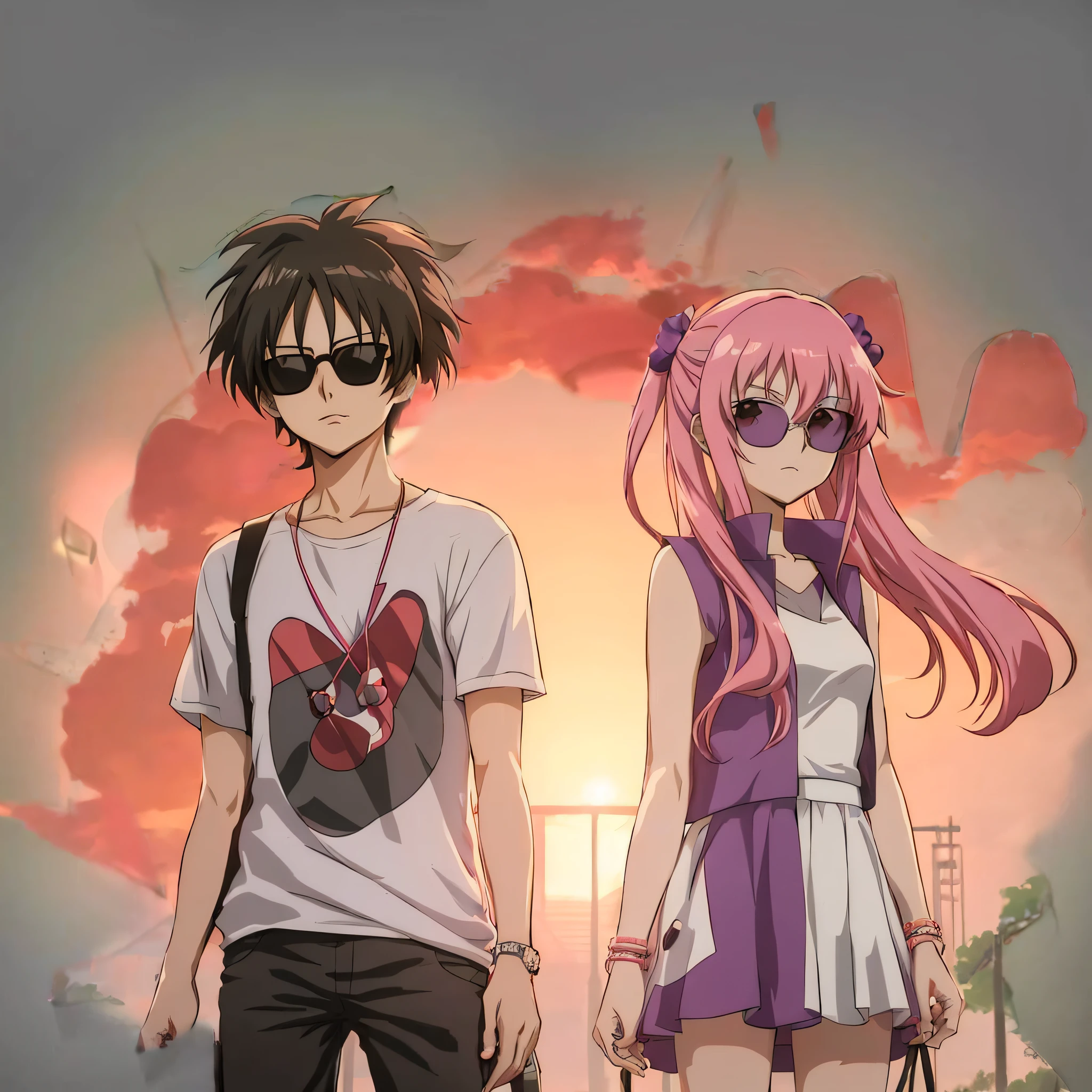 Anime couple in sunglasses standing side by side, mirai nikki, 1980's anime style, In anime style, very modern anime style, 8 0 s anime style, author:New Art, Epic anime style, very anime style, modern anime style, anime style only, in an anime style, 9 0 s anime style, 90's anime style