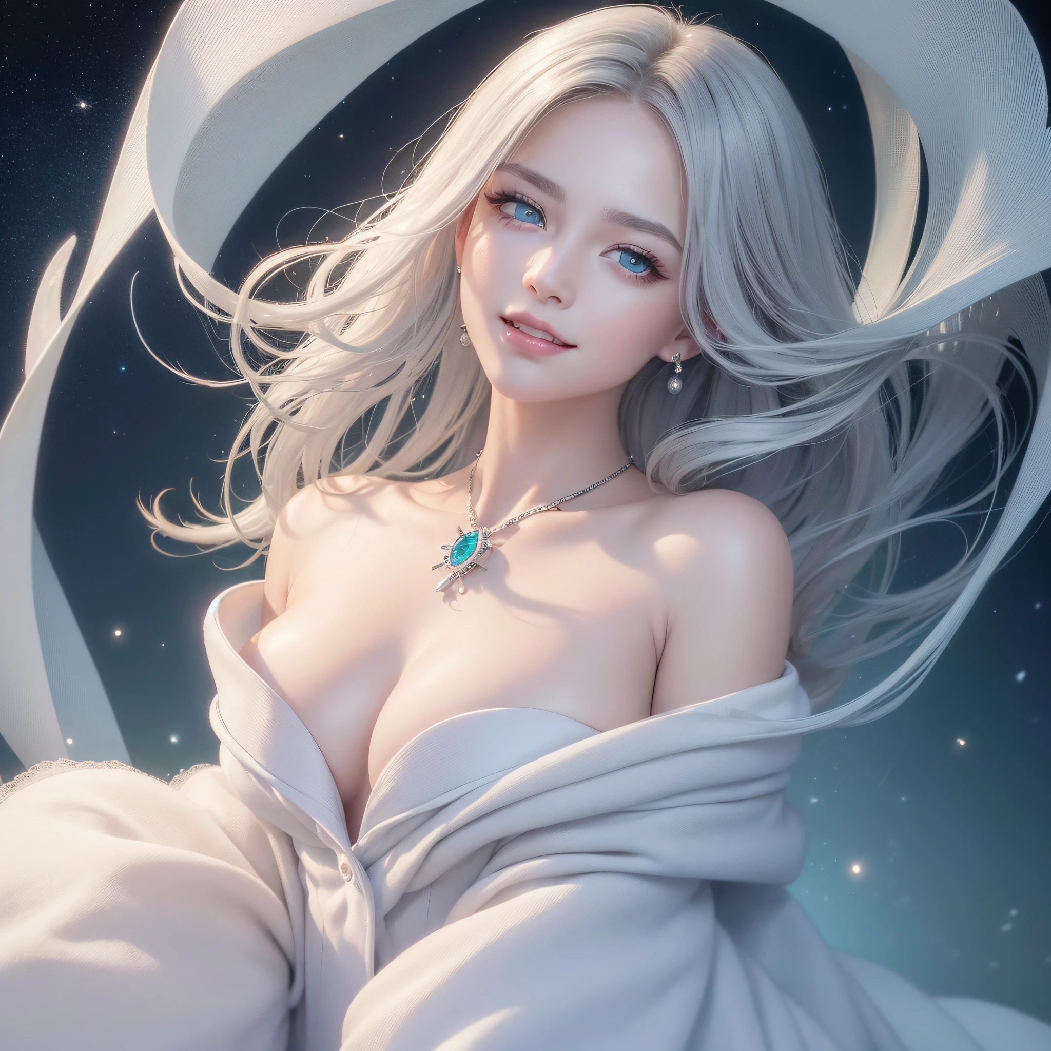 (Best Quality:1.5), (Exquisite CG), (High resolution:1.5)、The face is protruding from the photo、greeneye、Sapphire Green Eyes、lipgloss、Eye Gloss、A smile、Open your mouth a little、round and large eyes、Silver hair、the background is the universe