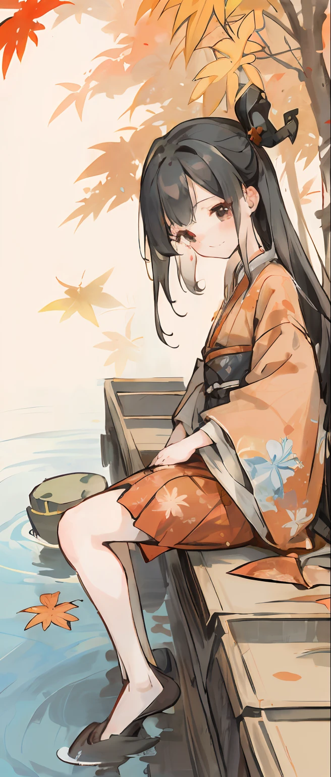 ((4k,tmasterpiece,best qualtiy)), shuimobysim, Chinese traditional painting, maple leaves, Hanfu, maxikit, Dress conservative 1 girl, Sit on the steps, blue long hair, ssmile, feet in water