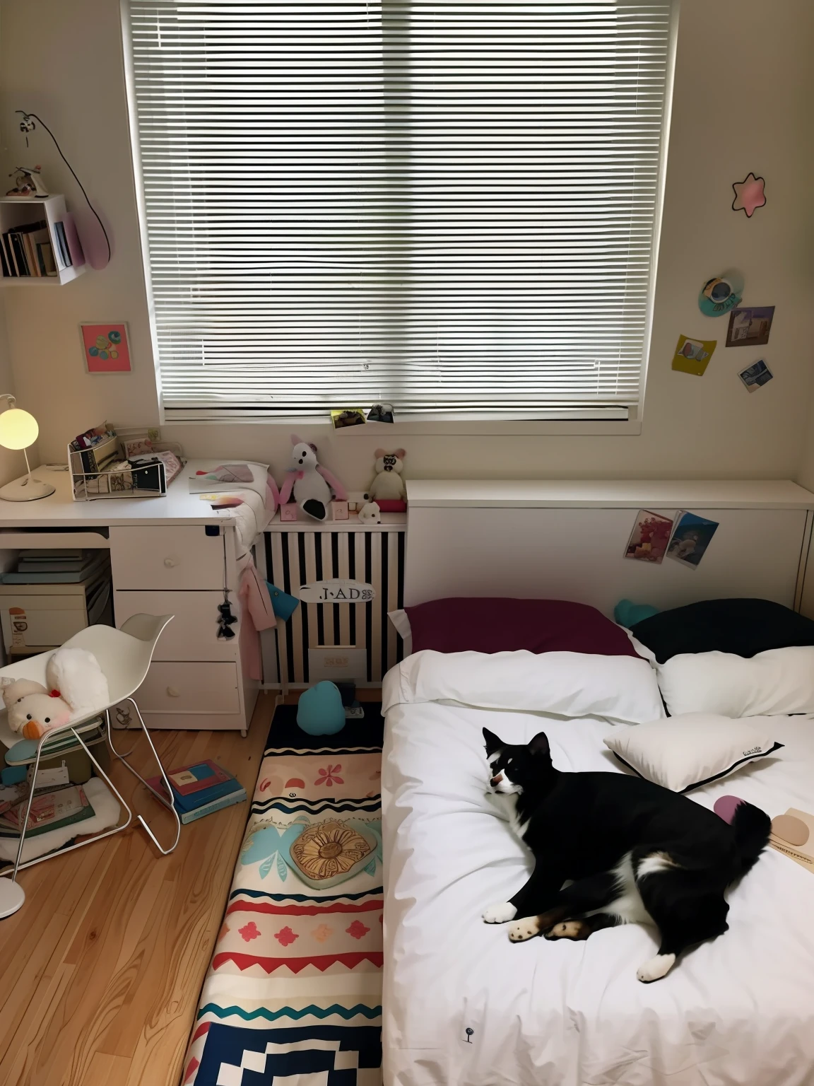 There is a bed in the bedroom，There is a stuffed toy on it, Small room, cute room, cozy room, apartment of an art student, small room in tokyo, small bedroom, clean room, in small room, small and cosy student bedroom, studyng in bedroom, designed for cozy aesthetics!, a room, cozy environment, A bright room, 9 0 s bedroom