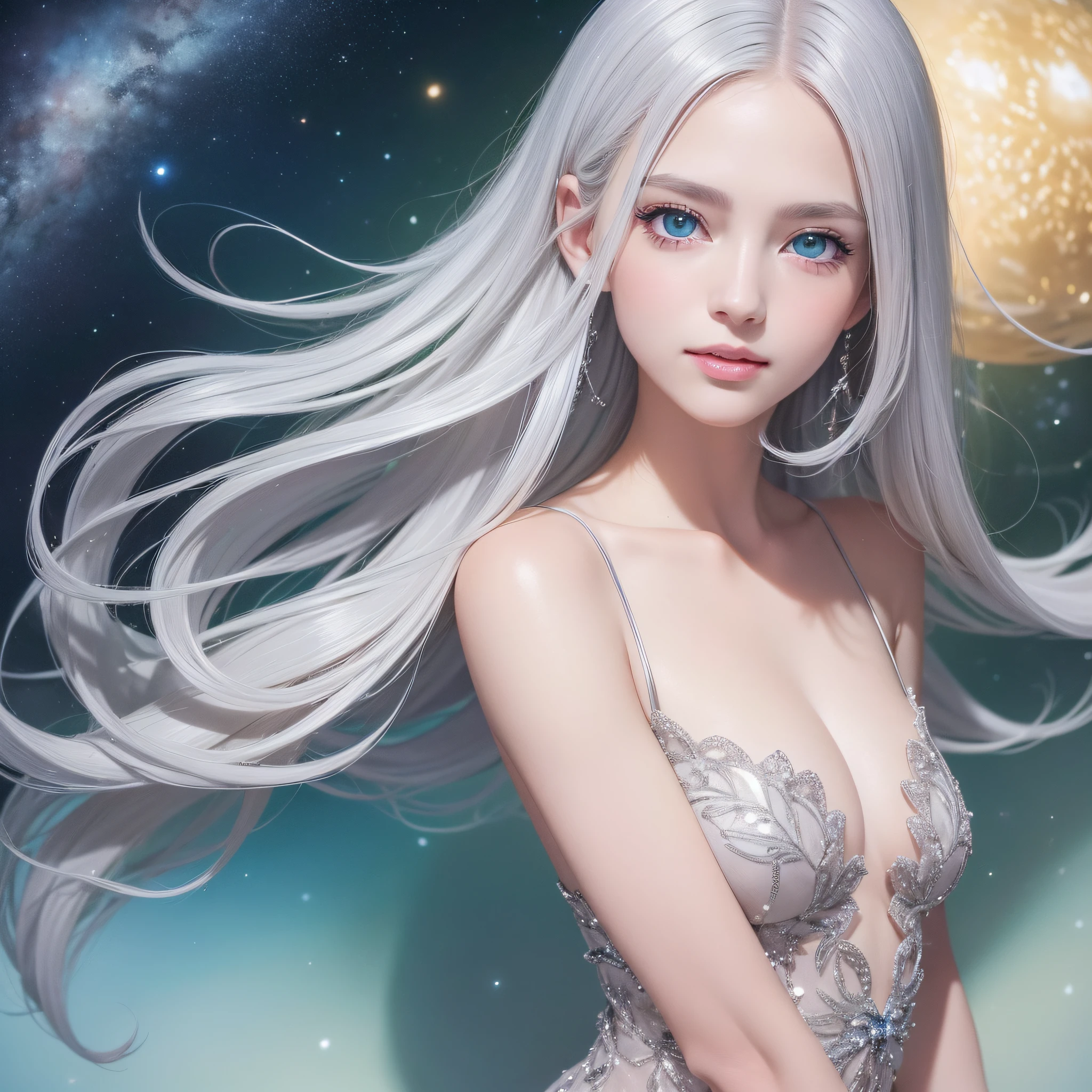 (Best Quality:1.5), (Exquisite CG), (High resolution:1.5)、The face is protruding from the photo、greeneye、Sapphire Green Eyes、lipgloss、Eye Gloss、A smile、Open your mouth a little、round and large eyes、Silver hair、the background is the universe