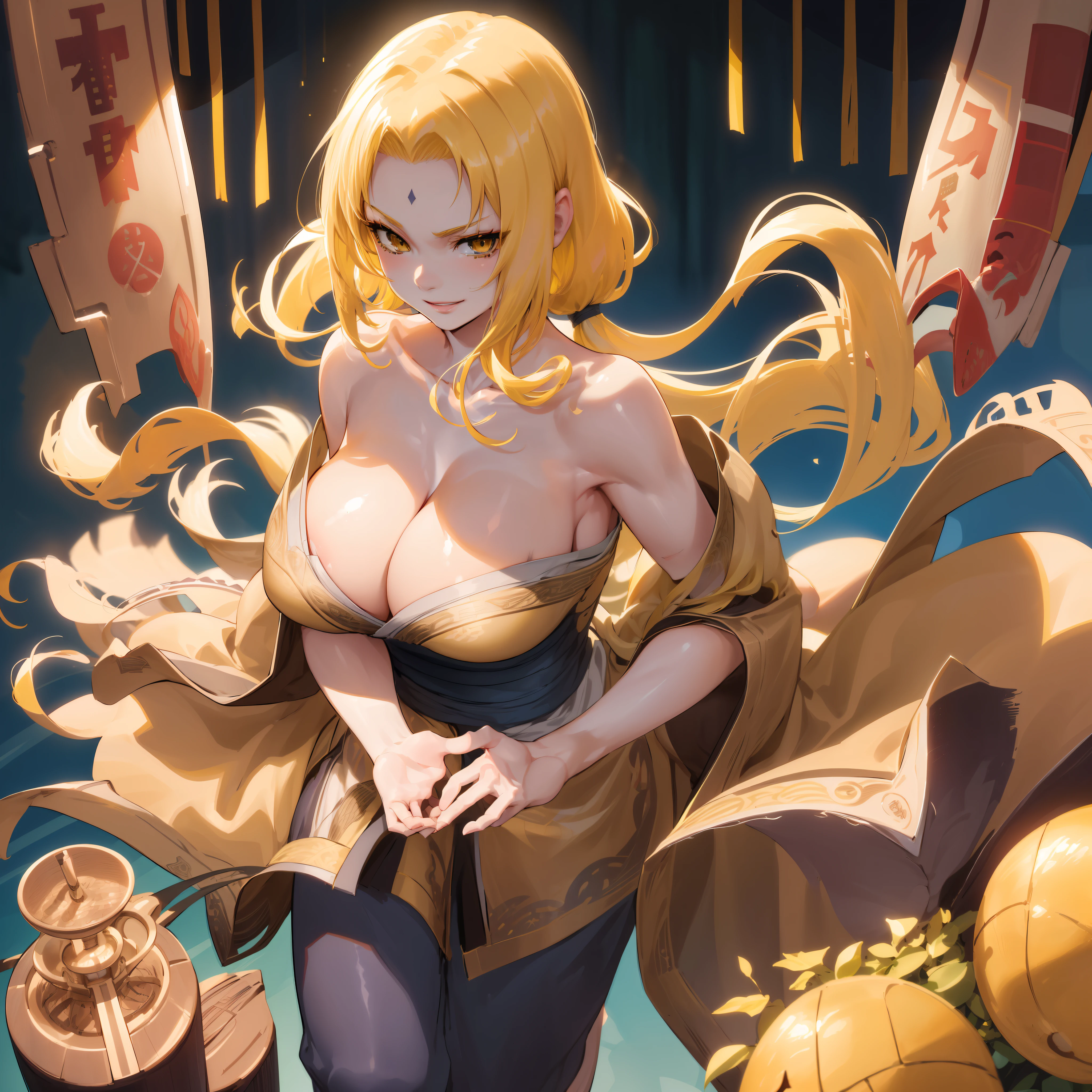 TsunadeNS, tsunade_senju, woman, fullbody, best quality, high resolution, distinct image, Cinematic light, intricate_detail, highres, official art, finely detailed beautiful face, high-resolution illustration, 8k, dark intense shadows, overexposure, 1girl, solo, huge breasts, kimono, cleavage, smile, lips, bare_shoulders, indoors, alcohol, bottle, sake_bottle, cup, holding, off_shoulder, (detailed hair), (masterpiece), (best quality), (ultra-detailed), sharp focus, detailed face, ((perfect anatomy)), high quality anime, anime art style, perfect lighting, (intricate details), (depth of field), full body, best quality, high resolution, distinct image, Cinematic light, intricate_detail, highres, official art, finely detailed beautiful face, high-resolution illustration, 8k, dark intense shadows, overexposure, 1girl, solo, (yellow hair:1.4), long hair, wavy hair,(arm + hand + 1_thumb), Five fingers each, perfect hands,