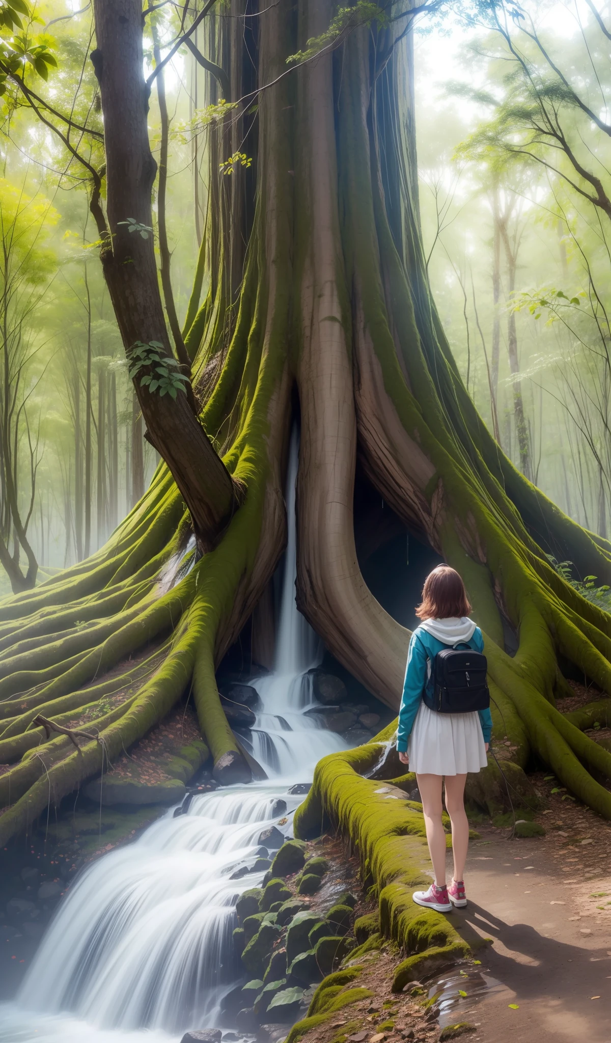 giant tree, com cachoeira, and other trees around, 1 mulher, standing on her feet, ((alta qualidade)), ((alta resolução)), de cabelo grande de com branca, de costa para o telespectador, 4k, estilo lofi