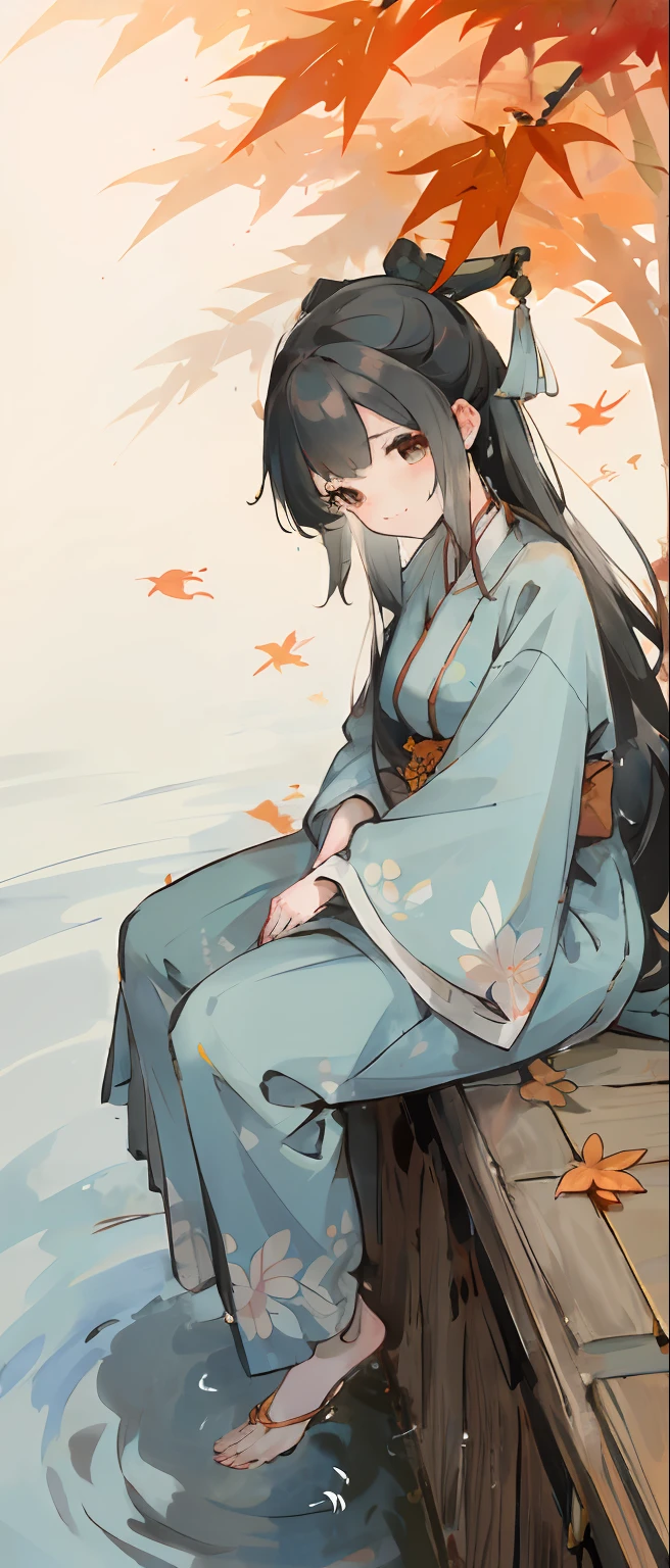 ((4k,tmasterpiece,best qualtiy)), shuimobysim, Chinese traditional painting, maple leaves, Hanfu, maxikit, Dress conservative 1 girl, Sit on the steps, blue long hair, ssmile, feet in water