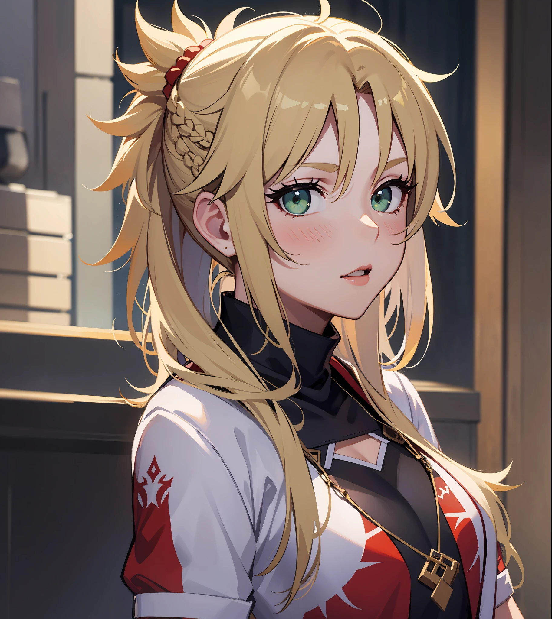 Beautiful, Masterpiece, Best Quality, extremely detailed face, perfect  lighting, mordred \(fate\), a 1girl, 独奏, Green eyes, thinking, braid, stands, blusher, 鎖骨, crop-top, plate armor, looking a viewer, little chest, Red shirt, Shirt, upper-body, blushful, confusion