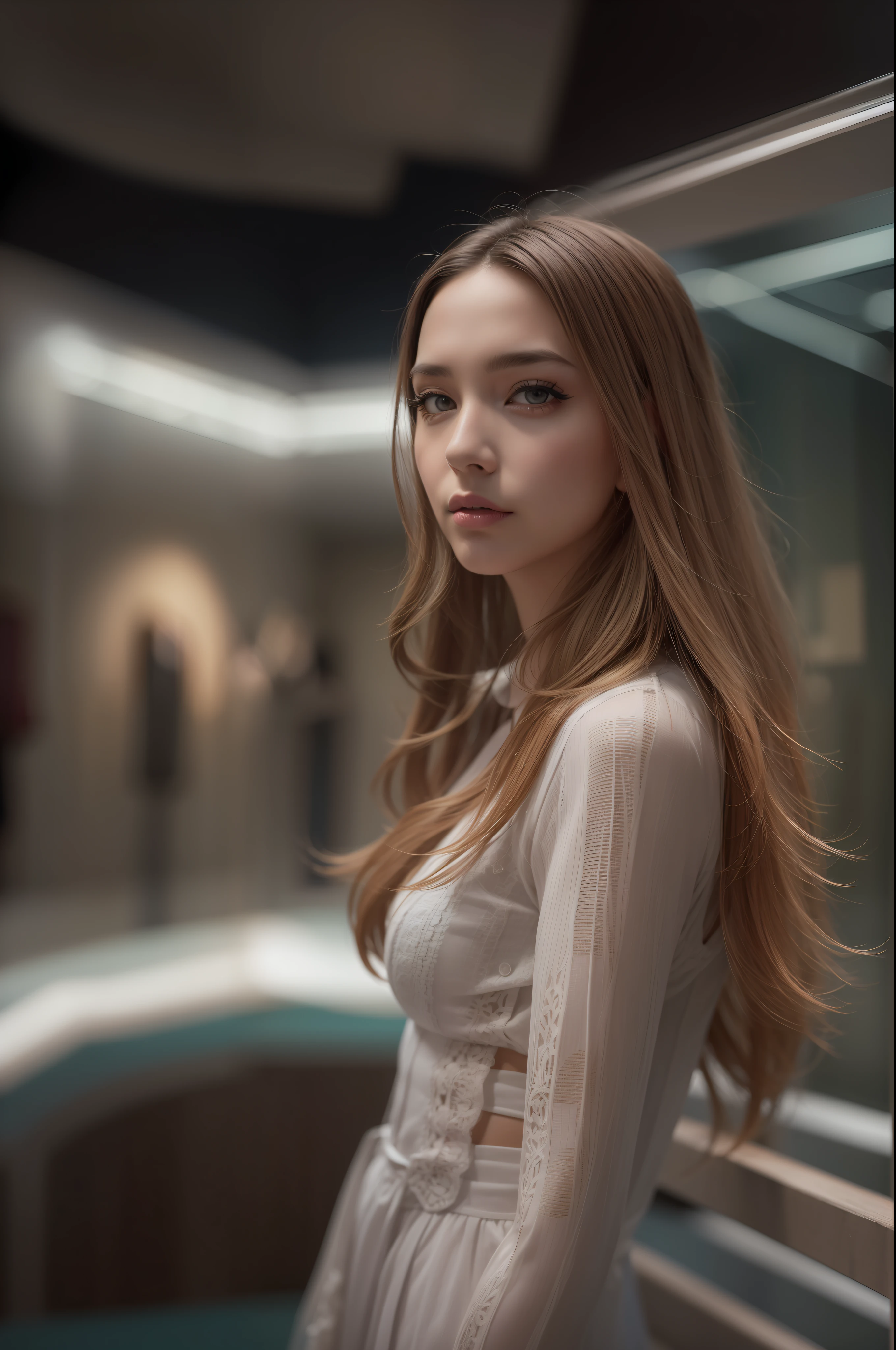 Model woman posing, Very beautiful 20 year old woman, The background is a room in the museum, Very long hair, Revealing clothing, Gradient Eyes, makeup, Cinematic lighting, , One-person viewpoint, canon, nffsw, retinas, masutepiece, ccurate, Anatomically correct, Textured skin, Super Detail, high details, High quality, awardwinning, Best Quality, hight resolution, 1080p, hard disk, 4K, 8K, 16 K
