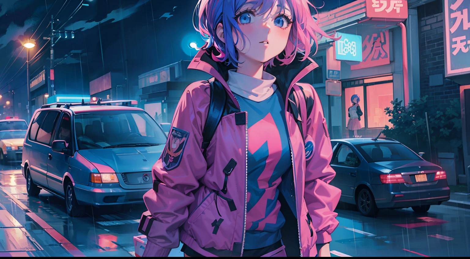 Anime girl walking down street in rain at night,, in the art style of 8 0 s anime, the anime girl is running, ' ramona flowers ', cosmic girl, style of anime4 K, 8 0 s anime art style, Praise Artstyle, official fanart, Anime style illustration