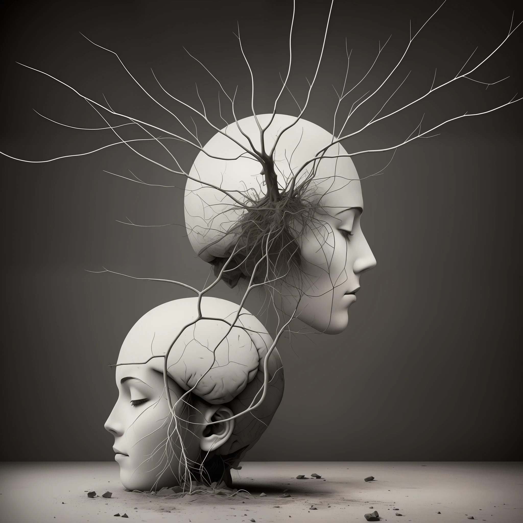 The dreary landscape inside the human head represents the mundane state of sober consciousness. At the center wilts a feeble sobriety plant, its roots barely clinging to a brain addled by years of drinking. The limp leaves droop downwards, unable to fill the empty space within. The hunched figure wears a vacant, despondent expression, eyes blearily half-open in a booze-induced stupor. Drab monochrome hues emanate from the plant and environment, evoking the dull, lifeless colors associated with sobriety. The atmosphere reeks of restlessness and agitation. Beyond the head, the colorless bubble traps the inner tedium, preventing the creative psyche from blossoming. Its muddy, immutable tones create a barrier that stifles the subjective world within. Here, sobriety provides a temporary hell of adult responsibilities divorced from the joys outside. The inverted cross represents the gulf between the mindless conformity of intoxication and traditional rebellious symbols. Just as the plant's roots barely touch the brain, the inverted cross suggests disconnection between drinking and independent thought - a perception of profound emptiness some experience while drunk. The inverted cross looms over the border between two states of being.
