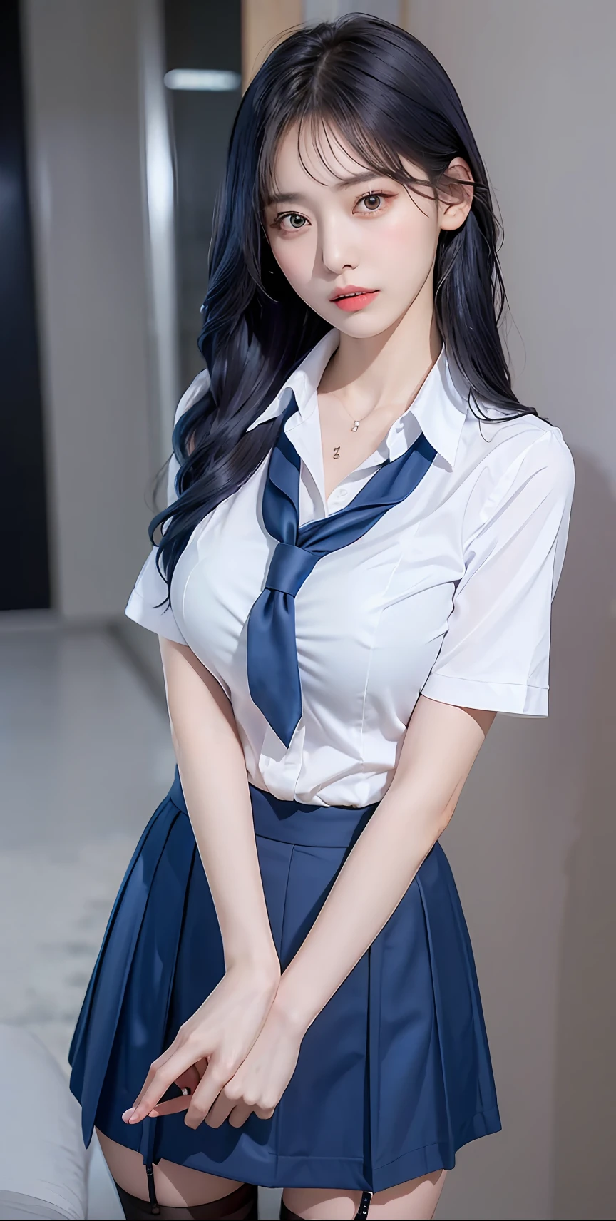 (best qualtiy,4K,tmasterpiece:1.2),Pretty women,1girll,Raised sexy:1.1,dark-blue hair:1.1,Woman in school uniform,Soaked school clothes,Super detailed face,Detailed lips,A detailed eye,二重まぶた,Blue mini skirt white stockings,Stand up