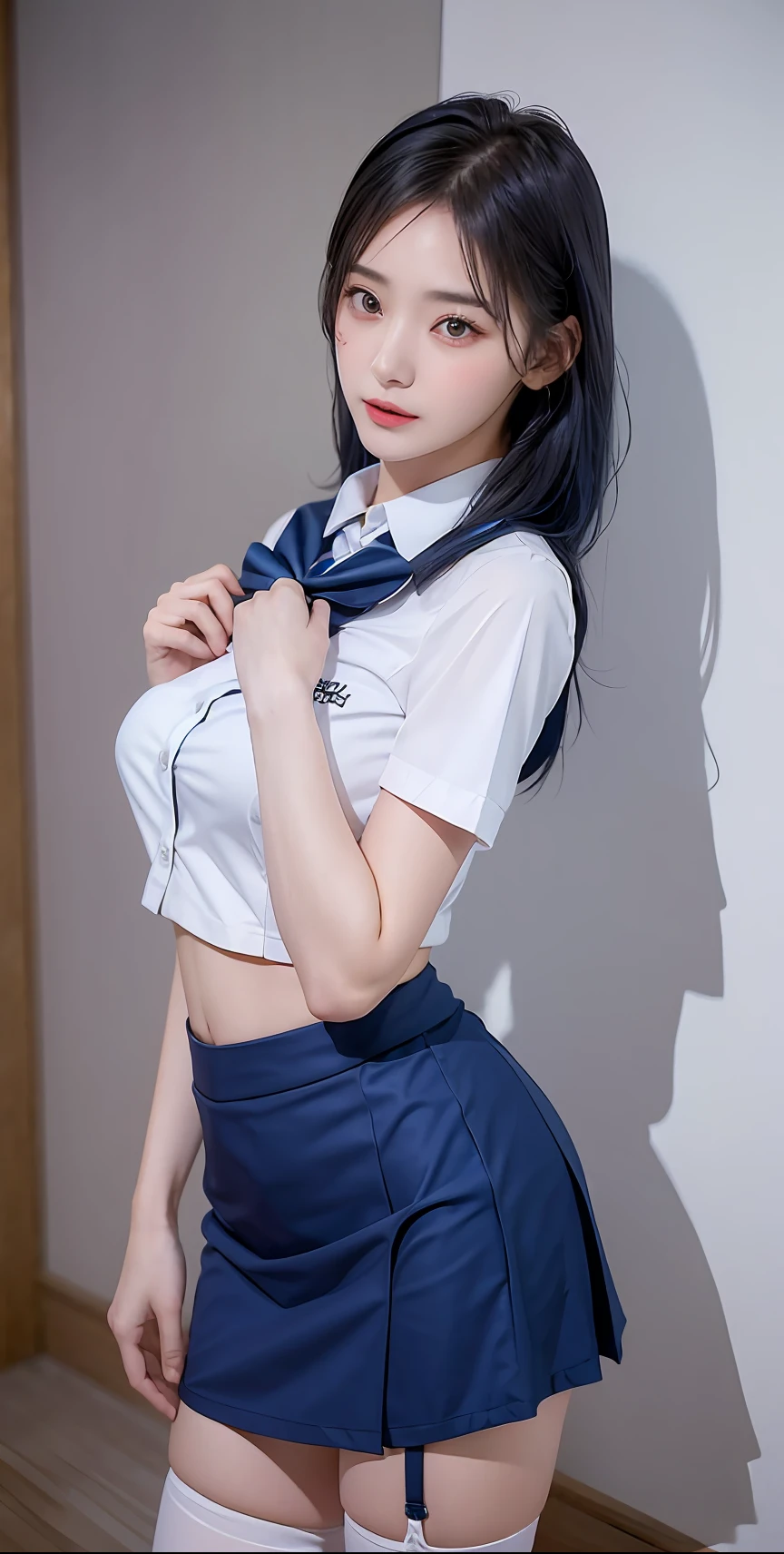 （best qualtiy，4K，tmasterpiece：1.2），Pretty women，1girll，Raised sexy：1.1，dark-blue hair：1.1，Woman in school uniform，Soaked school clothes，Super detailed face，Detailed lips，A detailed eye，二重まぶた，Blue mini skirt white stockings，Stand up