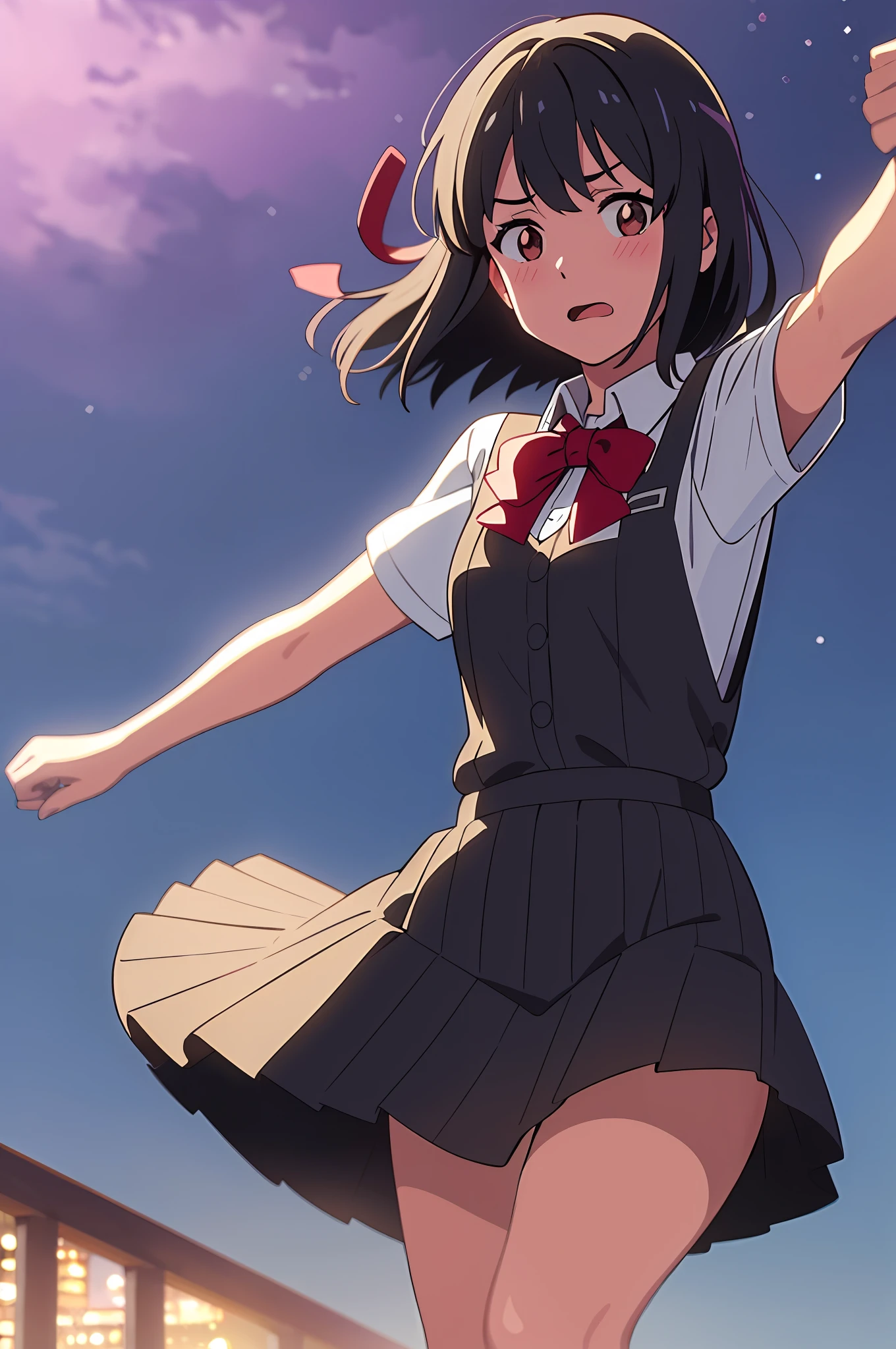 (Best Quality, 8K, Masterpiece, Super Detail: 1.2), colorful, beautiful, shinkai makoto, kimi no na wa., 1girl, bangs, black hair, blush, brown eyes, Suspender Clothes, looking at the viewer, Clavicle, red bow, red headband, red ribbon, short hair, upper body, cute, solo, skirt, short sleeves, open mouth, Night, Nightview, Outdoors, Fighting Stance, Despair Face