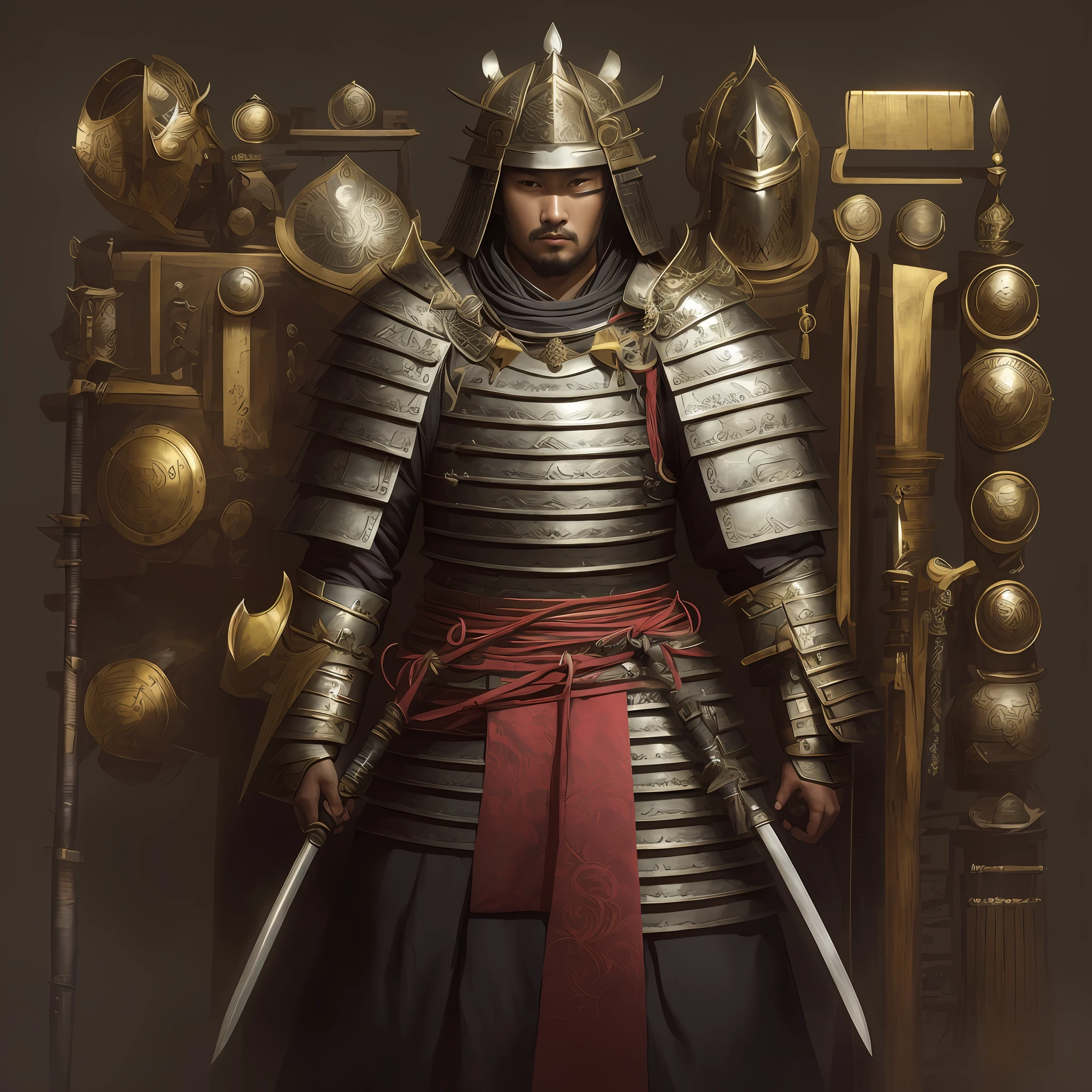 Image of Araffard of a samurai wearing helmet and armor, Samurai armor, warrior armor and weapons, dressed in samurai armour, Historical armor, segmented armor and sashimono, Samurai style, inspired by Kanō Hōgai, Samurai, ancient japanese samurai, Ancient armor, epic samurai warrrior, Beautiful armor, feudal japan art, as samurai