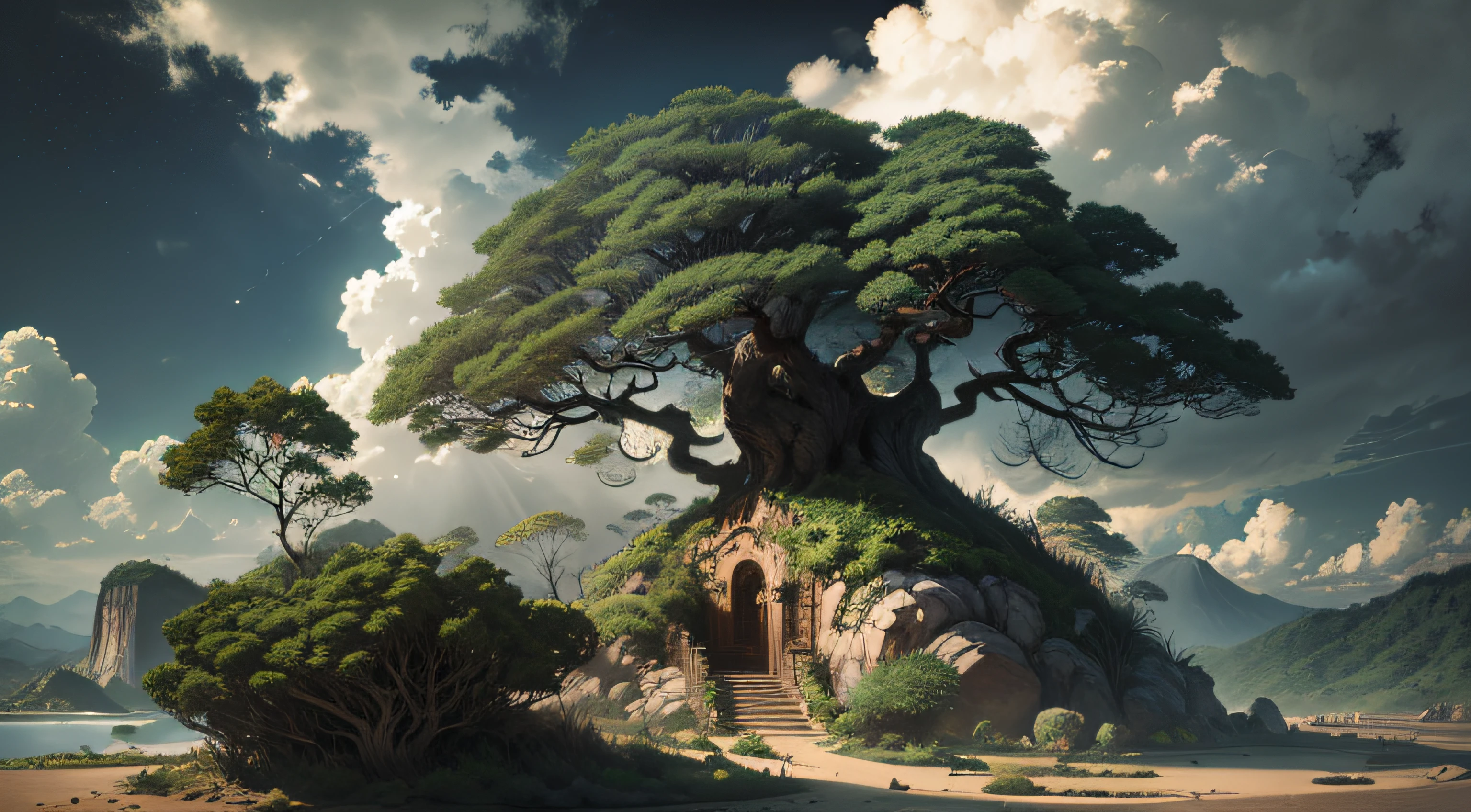 Paisagem linda com arvores gigantescas, Roots to Exhibitions, Vines, plantas coloridas, palmeiras, coqueiros, rochas gigantes, cachoeiras exuberantes, rio com pedras enormes, cabana de pesca, sky with dense clouds, sol, lua, profundidade de campo, global ilumination, hiper realista,