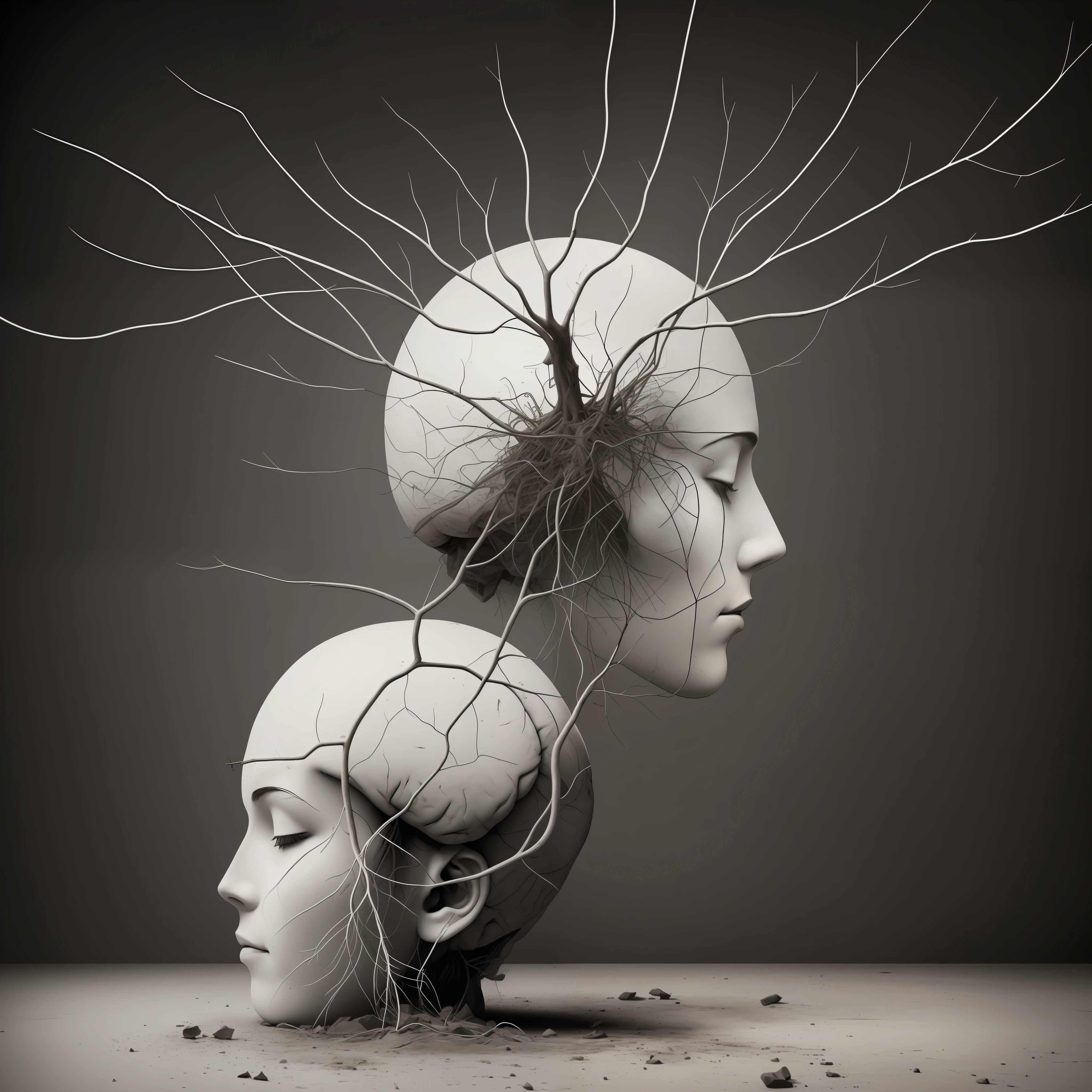 The dreary landscape inside the human head represents the mundane state of sober consciousness. At the center wilts a feeble sobriety plant, its roots barely clinging to a brain addled by years of drinking. The limp leaves droop downwards, unable to fill the empty space within. The hunched figure wears a vacant, despondent expression, eyes blearily half-open in a booze-induced stupor. Drab monochrome hues emanate from the plant and environment, evoking the dull, lifeless colors associated with sobriety. The atmosphere reeks of restlessness and agitation. Beyond the head, the colorless bubble traps the inner tedium, preventing the creative psyche from blossoming. Its muddy, immutable tones create a barrier that stifles the subjective world within. Here, sobriety provides a temporary hell of adult responsibilities divorced from the joys outside. The inverted cross represents the gulf between the mindless conformity of intoxication and traditional rebellious symbols. Just as the plant's roots barely touch the brain, the inverted cross suggests disconnection between drinking and independent thought - a perception of profound emptiness some experience while drunk. The inverted cross looms over the border between two states of being.