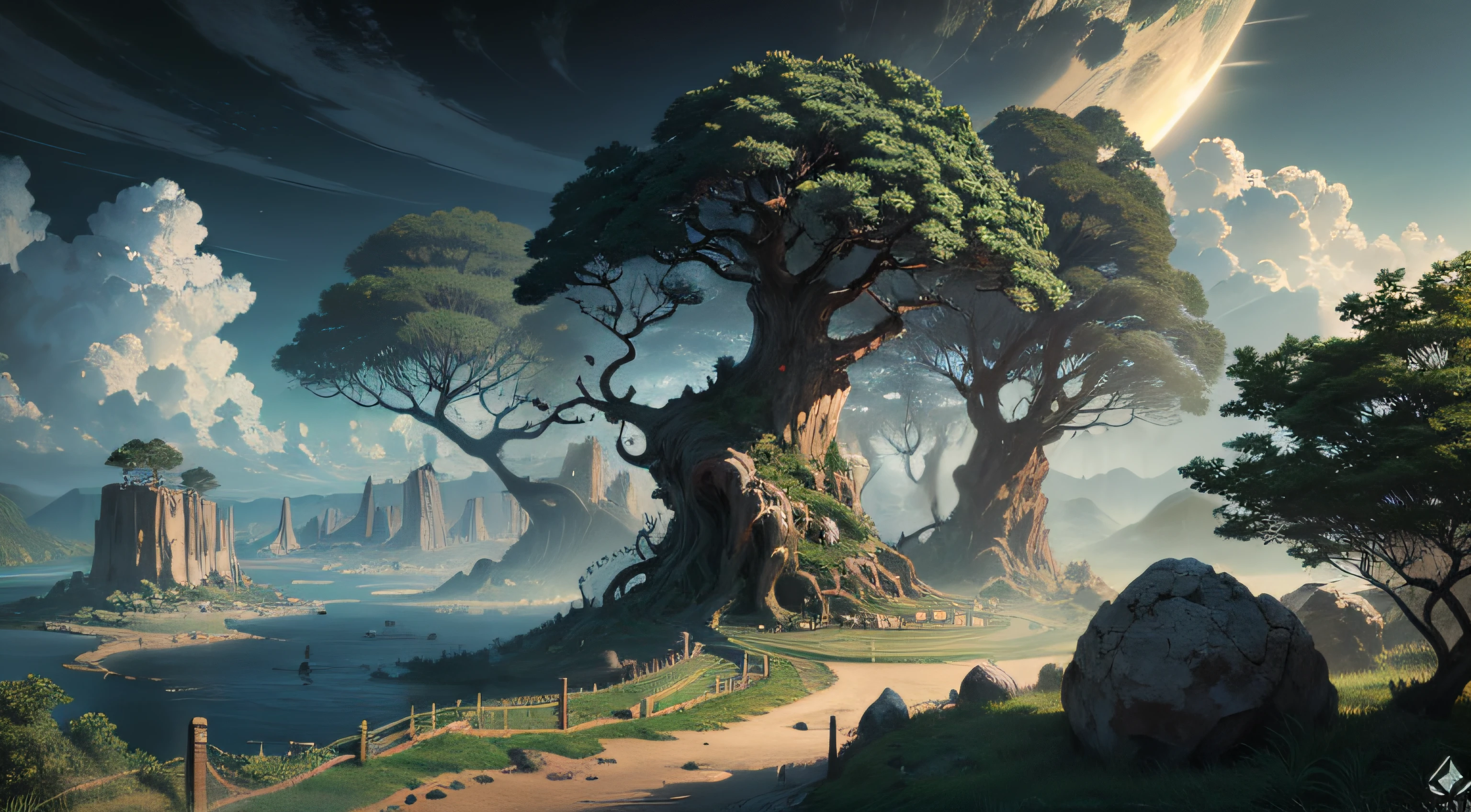 Paisagem linda com arvores gigantescas, Roots to Exhibitions, Vines, plantas coloridas, palmeiras, coqueiros, rochas gigantes, cachoeiras exuberantes, rio com pedras enormes, cabana de pesca, sky with dense clouds, sol, lua, profundidade de campo, global ilumination, hiper realista,