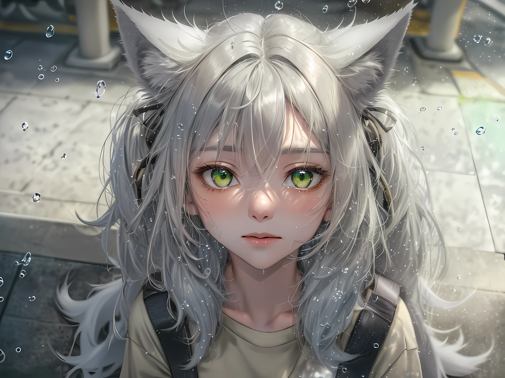 A fox demon girl with gray hair and green eyes,Grey furry fox ears,A gray furry fox tail,Beige T-shirt,Grey pleated skirt,White knee socks,Brown Backpack, Outdoor, bus stops, platform benches, sitting on benches waiting for buses,Clever sitting posture, without looking at the camera, At 16:00 pm, it was drizzling in the sky, with movie lighting and depth of field, Raindrops, droplets, wet hair, Masterpiece, Ultra High Definition, Best Picture Quality, One High Resolution, 16k, Ultra High Detail,