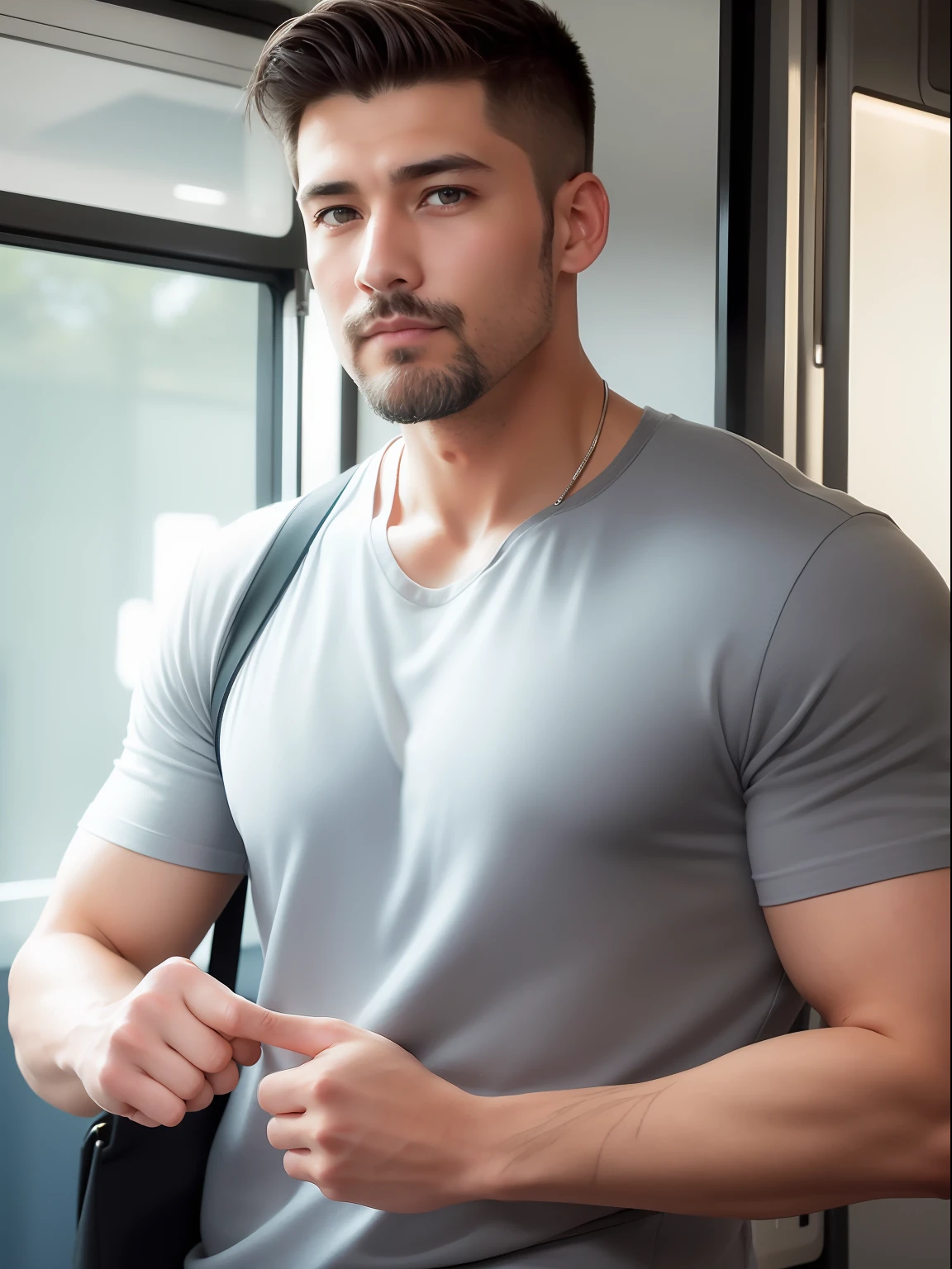 realisticlying,(best qualtiy,tmasterpiece:1.3),Delicate eyes and delicate face,Inside a Japanese train,Single mature male,Tall muscular man,lbeard,firemen, Female sports teacher