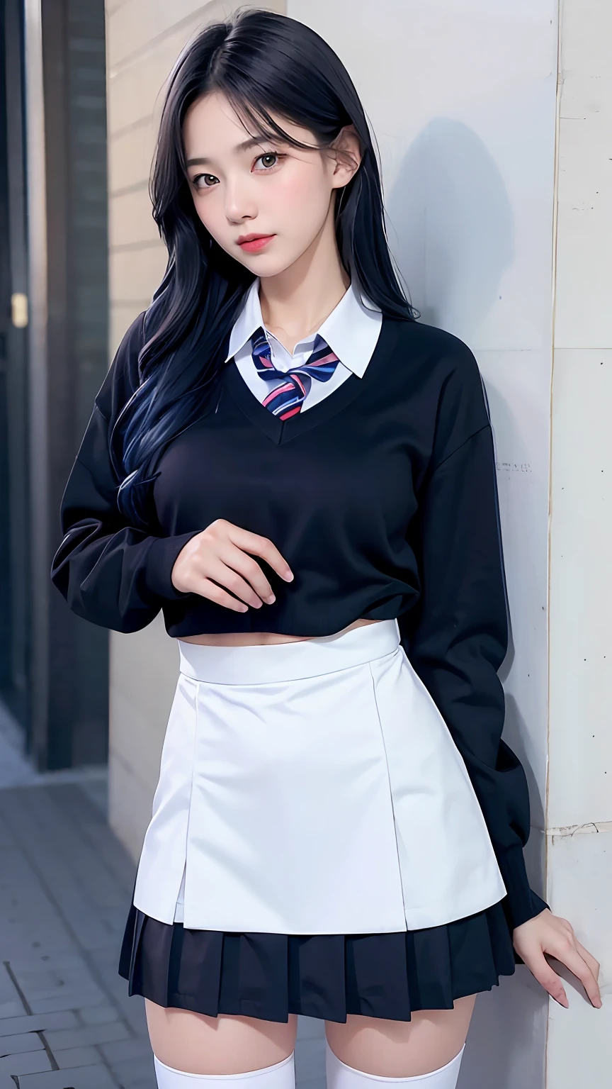 (best qualtiy,4K,tmasterpiece:1.2),Pretty women,1girll,Raised sexy:1.1,dark-blue hair:1.1,Woman in school uniform,Soaked white school uniform,Super detailed face,Detailed lips,A detailed eye,二重まぶた,Colorful miniskirt black stockings,Stand up,full bodyesbian