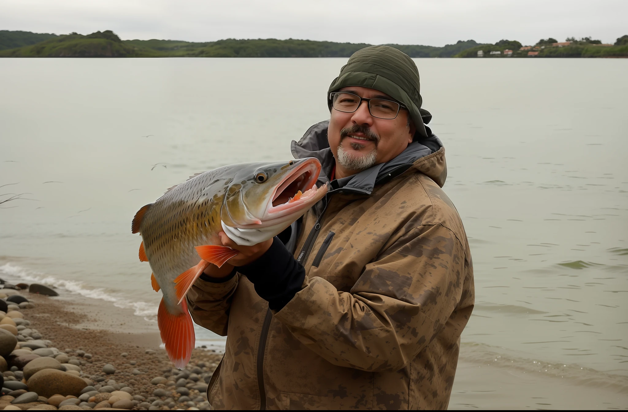 There is a man holding a fish on a beach near the water, holding an fish in his hand, Directed by: Raymond Normand, proudly holding a salmon, um tiro largo e cheio, Directed by: Robert Brackman, com uma boca muito grande, Directed by: Dietmar Damerau, high resolution photo, Foto tirada com Nikon D750, Foto tirada com Nikon D 7 5 0