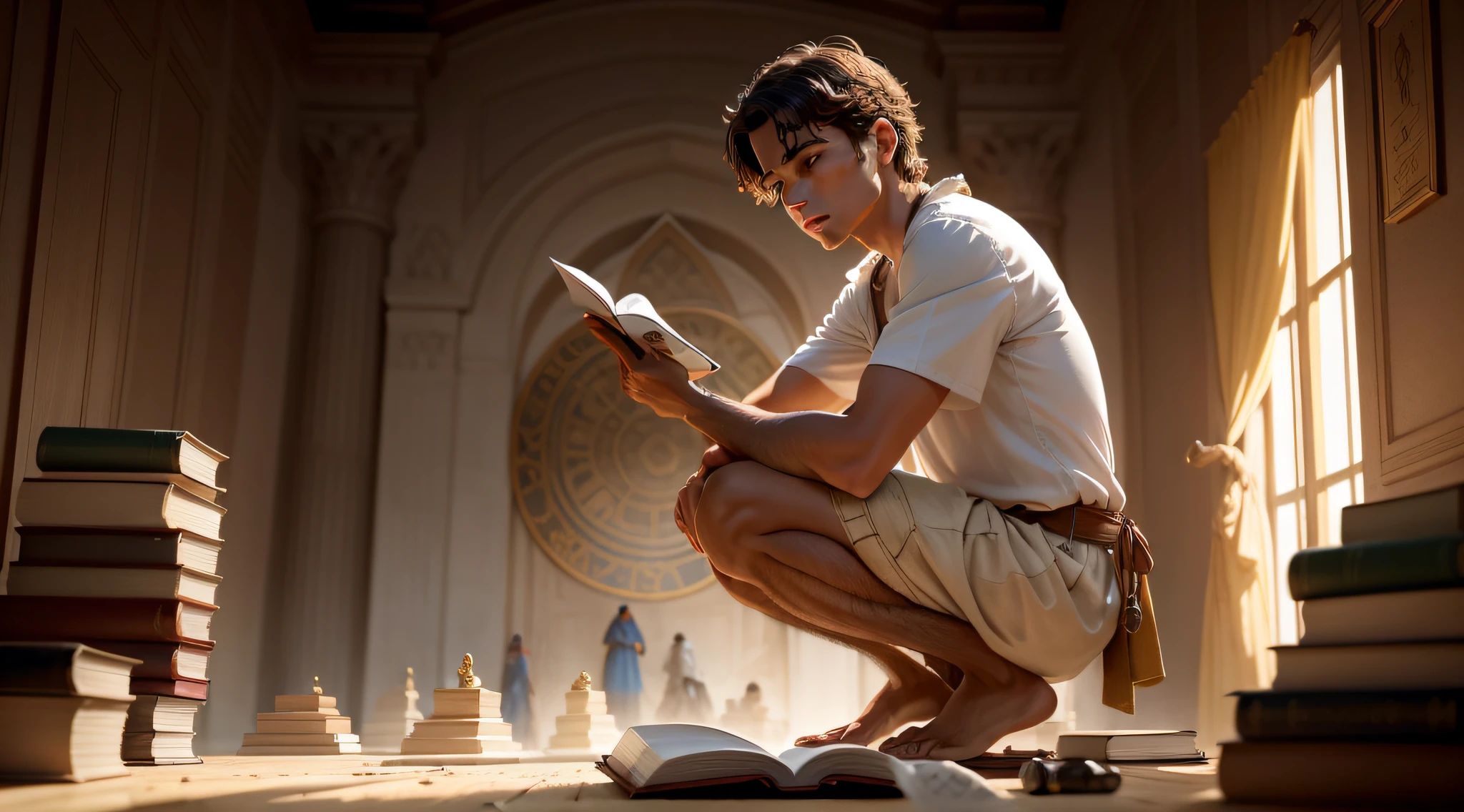 Create an illustration that depicts the biblical character Samuel and his story, destacando sua humildade em sua carreira. A imagem deve mostrar Samuel como um jovem menino, Dress in simple, barefoot clothes, representing his humble beginnings and his willingness to serve God. He must stand before the Tabernacle, simbolizando seu papel como profeta e juiz em Israel. Ao seu redor, Include elements that represent your dedication to divine service, como um candelabro ou um pergaminho com palavras escritas, symbolizing your search for God's wisdom and guidance. The image may also show Samuel hearing God's voice, symbolizing his importance as an intermediary between God and the people of Israel. Ademais, inclua elementos que representem a passagem do tempo, like a sand clock or a book with pages turned, simbolizando a longa carreira e legado de Samuel. A imagem deve transmitir a humildade de Samuel ao longo de sua carreira, highlighting your willingness to serve God and his people, without seeking personal glories, mas sim a vontade do Senhor.
