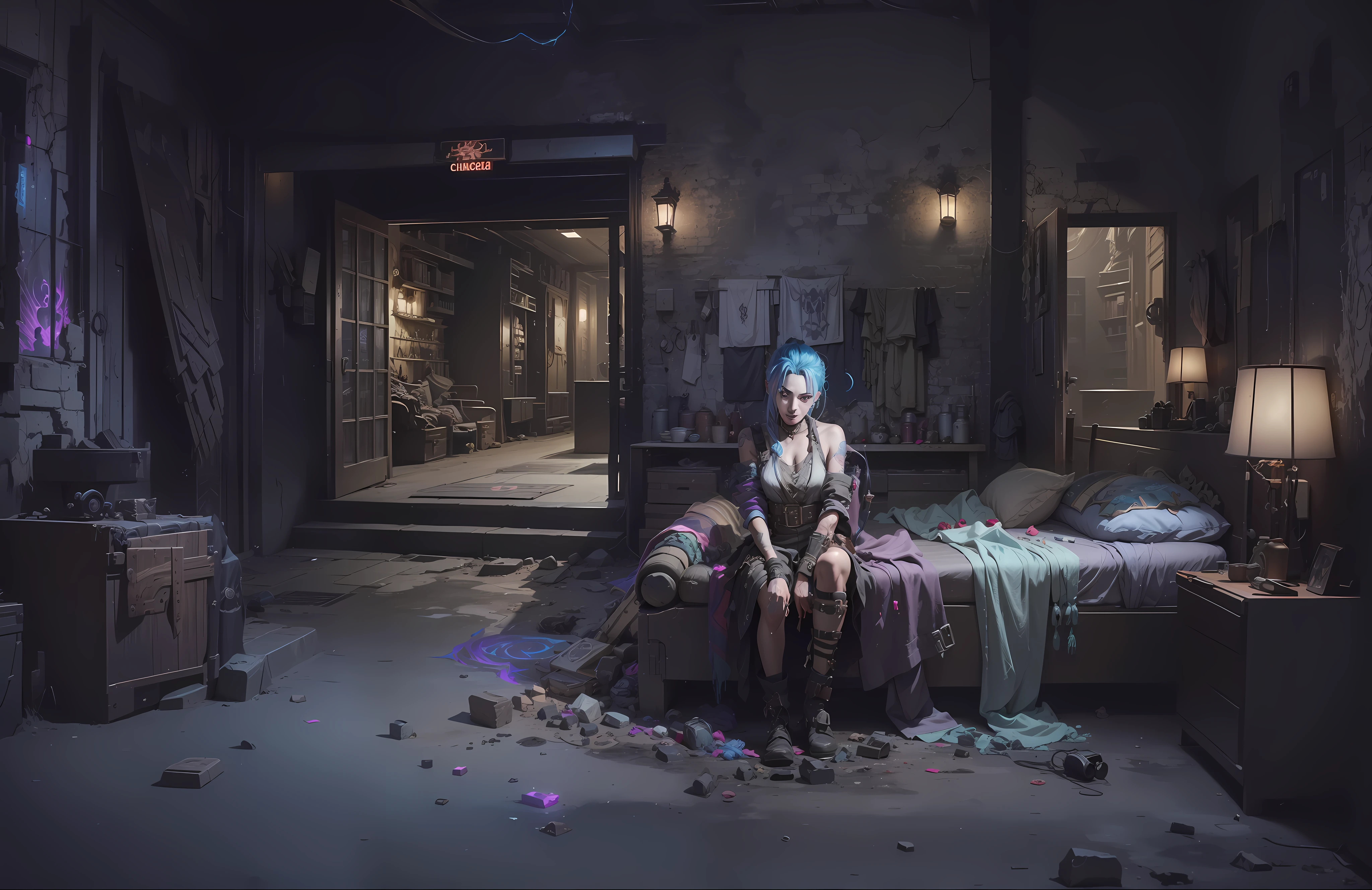 ((Best quality)), ((masterpiece)), (highly detailed:1.3), 3D, arcane style,In the dark and courageous dystopian city of Piltover, plagued by  and divided into two opposing factions, a young prodigy named Jinx emerges. Having endured unimaginable loss and abandonment, she embraced a life of chaos and destruction. Known for her inventive and explosive abilities, Jinx becomes an icon of rebellion against the oppressive forces that control the city. However, haunted by guilt and battling inner demons, she must confront her past and decide whether to continue on the path of anarchy or seek redemption amid the turmoil. Explore Jinx's journey as she navigates a treacherous world, fighting for survival, unlocking secrets, and discovering the true meaning of her twisted existence, chaos reigns supreme, and at the center of it all is Jinx, the embodiment of unpredictability. Delve deep into Jinx's twisted mind, exploring the origins of his madness and the driving force behind his destructive nature. Unravel the moments that shaped her into the crazed, iconic character we know. Take us on a wild journey through the vibrant streets of Piltover and the shadowy suburb of Zaun as Jinx wreaks havoc with his explosive arsenal. Can redemption find its way into Jinx's fractured soul? Or will she dance forever on the edge of sanity, embracing the chaos that fuels her very existence? Arcane's fate hangs in the balance as Jinx's path intertwines with unlikely allies and formidable enemies. Ignite your imagination and paint a vivid portrait of Jinx's distorted psyche, capturing the essence of her madness and the indomitable spirit that defines it, HDR (High Dynamic Range), Ray Tracing, NVIDIA RTX, Super-Resolution, Unreal 5, Subsurface Scattering, PBR Texturing, Post-processing, Anisotropic Filtering, Depth of Field, Maximum Clarity and Sharpness, Multit Textures