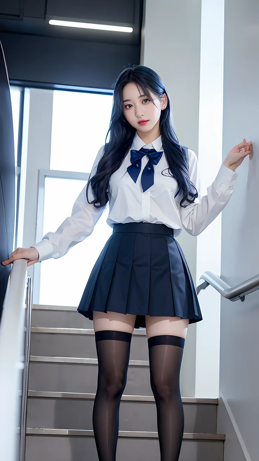 （best qualtiy，4K，tmasterpiece：1.2），Pretty women，1girll，Raised sexy：1.1，dark-blue hair：1.1，Woman in school uniform，Soaked white school uniform，Super detailed face，Detailed lips，A detailed eye，二重まぶた，Colorful miniskirt black stockings，Stand up，full bodyesbian