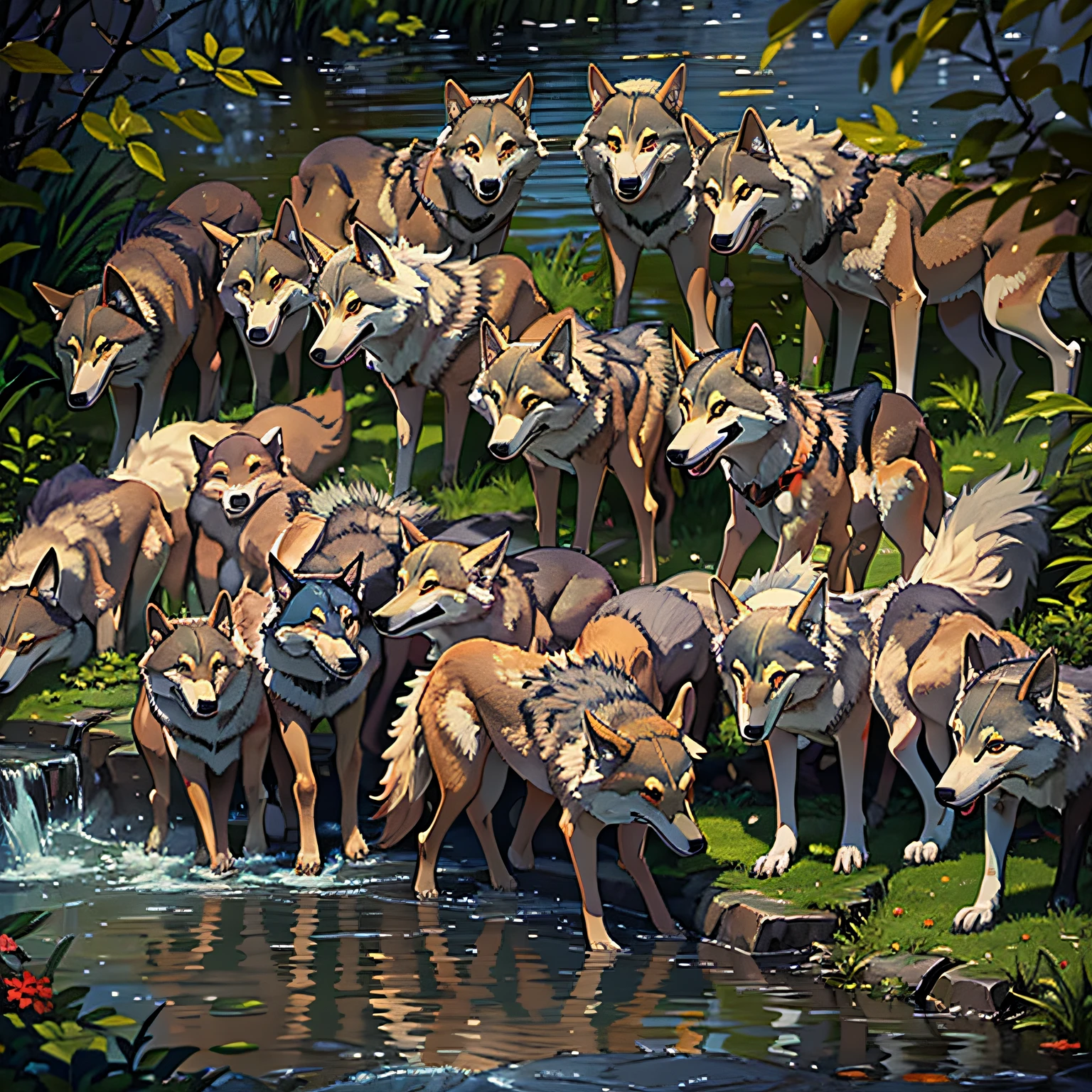 A dozen wolves,By the pond,saunt,Fang,Fierce,mouth drool,delicated,tmasterpiece,A high resolution