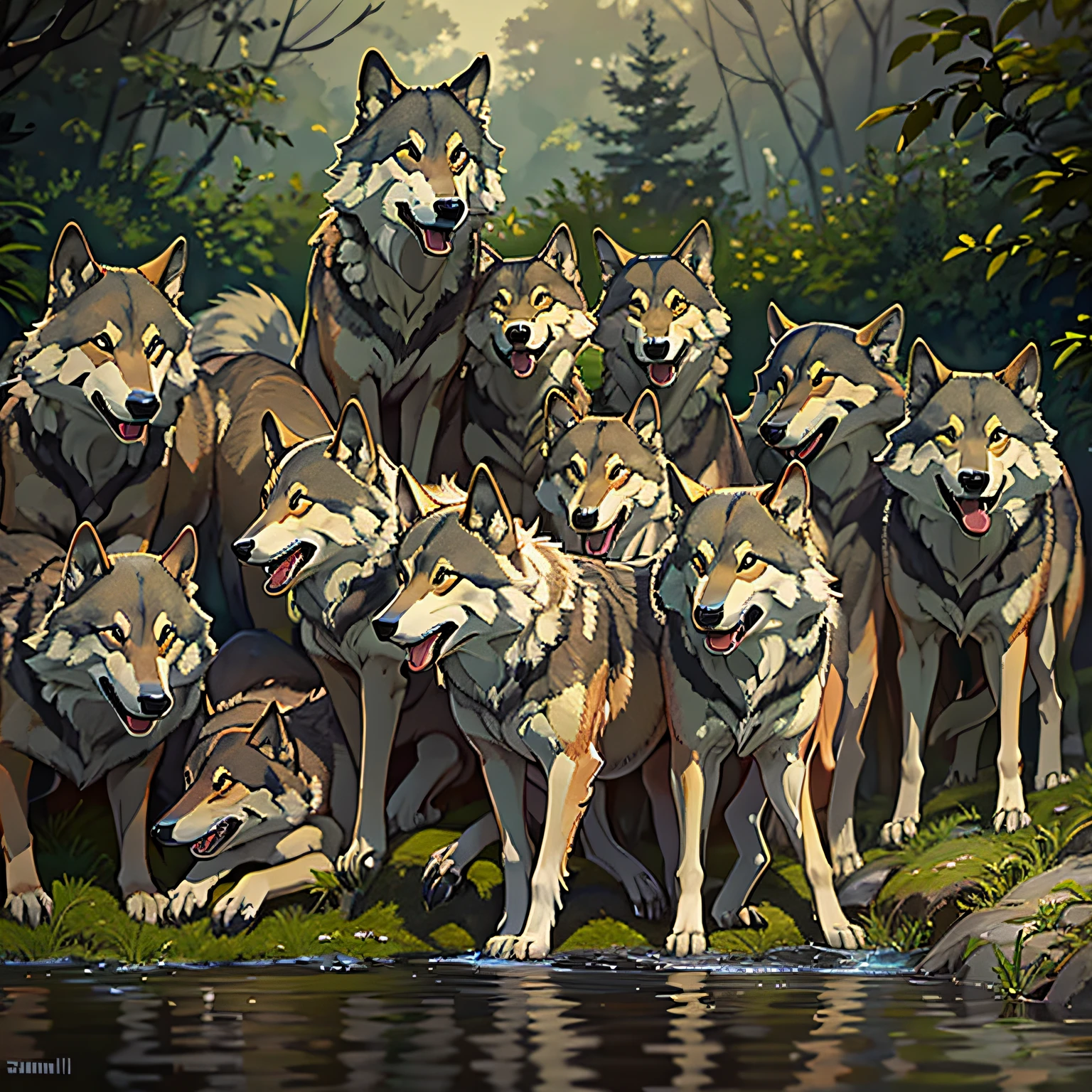 A dozen wolves，By the pond，saunt，Fang，Fierce，mouth drool，delicated，tmasterpiece，A high resolution