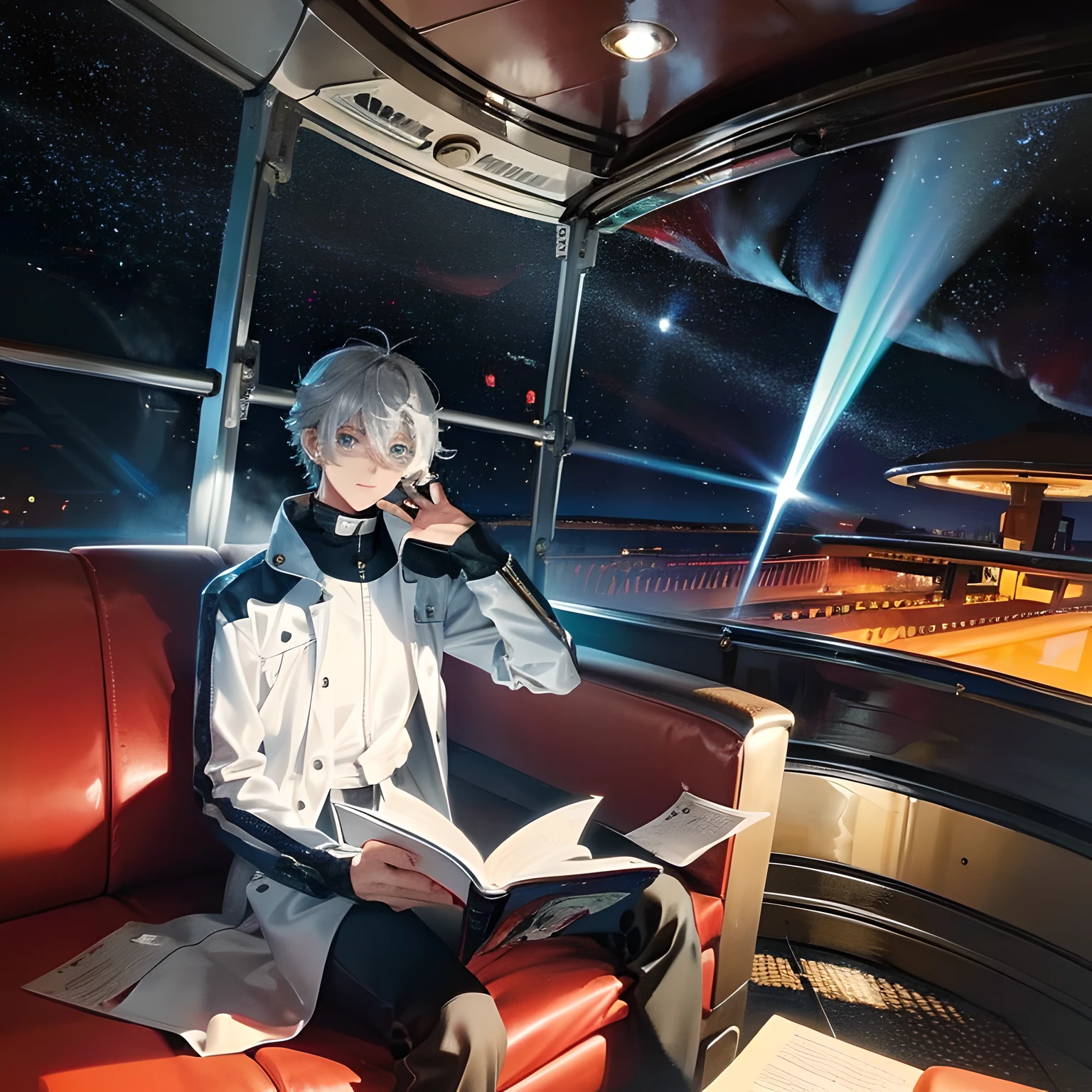 Draw a young programmer，Sit on a research platform floating in the middle of the asteroid belt。He was studying with a notebook，Surrounded by several asteroids that emit fiery rings。Dramatic lighting from distant stars and planets illuminates the scene，A deep shadow was cast on the suit。The young man looks confident and determined，Look at the vast and mysterious universe with amazement and respect，lbeard，cowboy lens，A boy with，Silvery hair，A hat is worn on his head，。