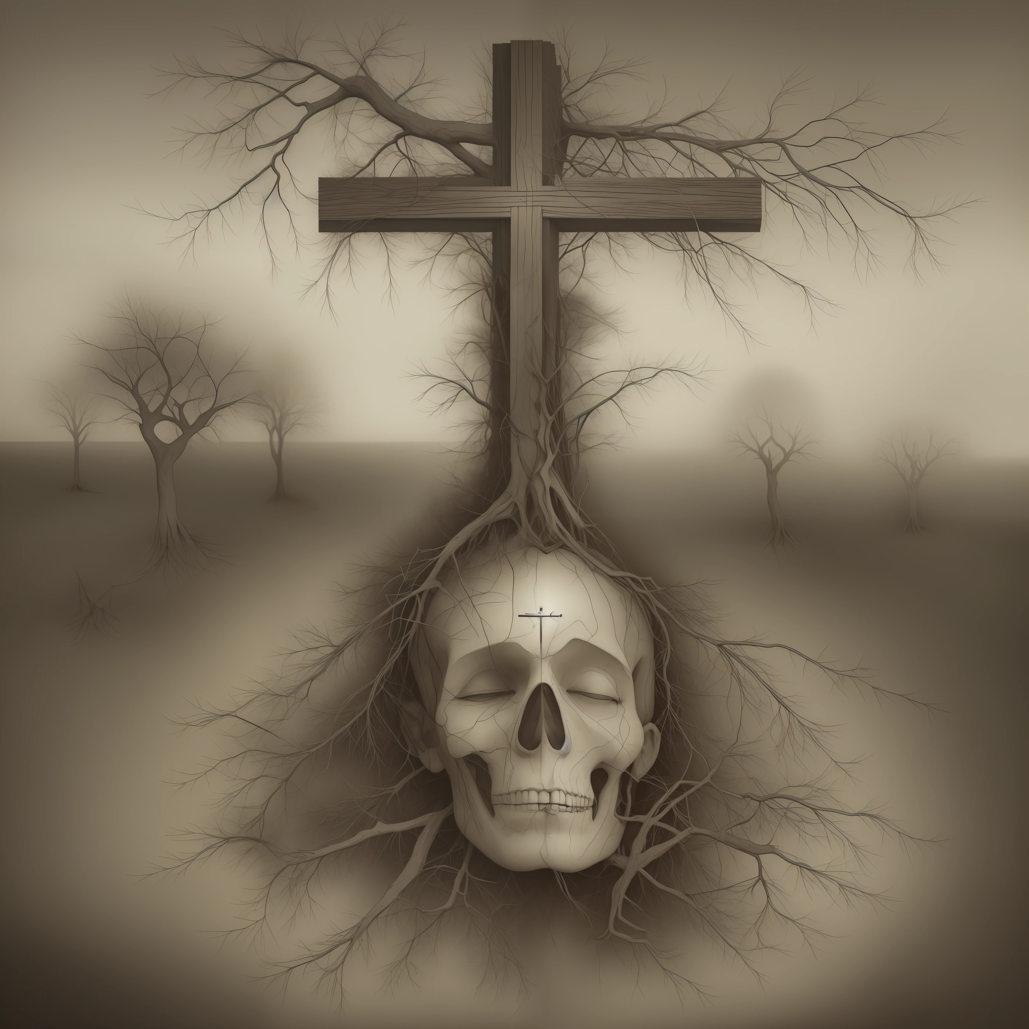 The dreary landscape inside the human head represents the mundane state of sober consciousness. At the center wilts a feeble sobriety plant, its roots barely clinging to a brain addled by years of drinking. The limp leaves droop downwards, unable to fill the empty space within. The hunched figure wears a vacant, despondent expression, eyes blearily half-open in a booze-induced stupor. Drab monochrome hues emanate from the plant and environment, evoking the dull, lifeless colors associated with sobriety. The atmosphere reeks of restlessness and agitation. Beyond the head, the colorless bubble traps the inner tedium, preventing the creative psyche from blossoming. Its muddy, immutable tones create a barrier that stifles the subjective world within. Here, sobriety provides a temporary hell of adult responsibilities divorced from the joys outside. The inverted cross represents the gulf between the mindless conformity of intoxication and traditional rebellious symbols. Just as the plant's roots barely touch the brain, the inverted cross suggests disconnection between drinking and independent thought - a perception of profound emptiness some experience while drunk. The inverted cross looms over the border between two states of being.