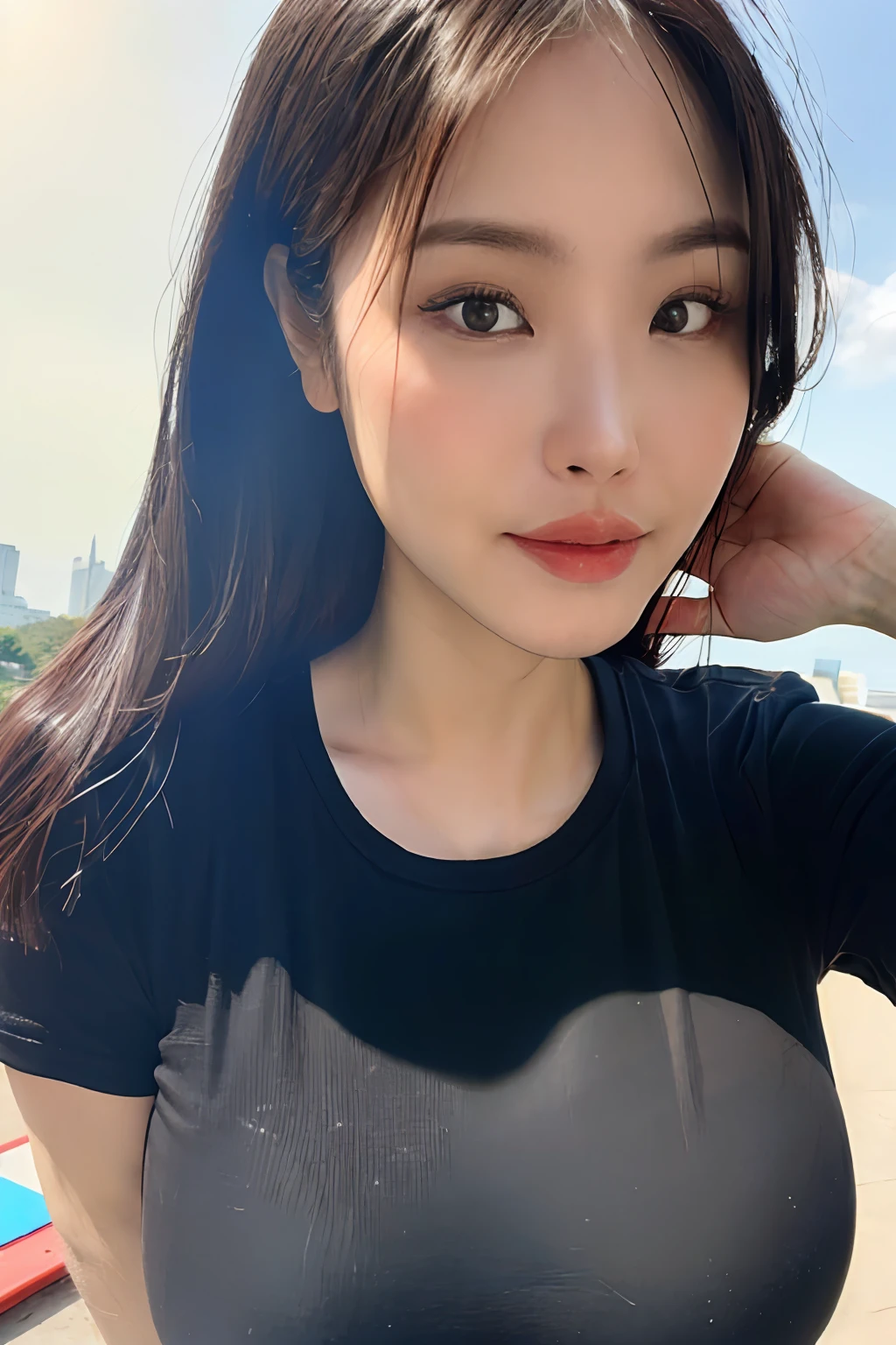 30 years old woman, milf, (at park), ((black shirt:1.2)), RAW photo, (photorealistic:1.37, realistic), highly detailed CG unified 8K wallpapers, 1girl, (thick body:1.1), (huge breasts:1.2) , looking at viewer, (((straight from front))), (HQ skin:1.8, shiny skin), 8k uhd, dslr, soft lighting, high quality, film grain, Fujifilm XT3, ((upper body:1.6)), (professional lighting:1.6) ,  (((( anastasyakosasih ))))