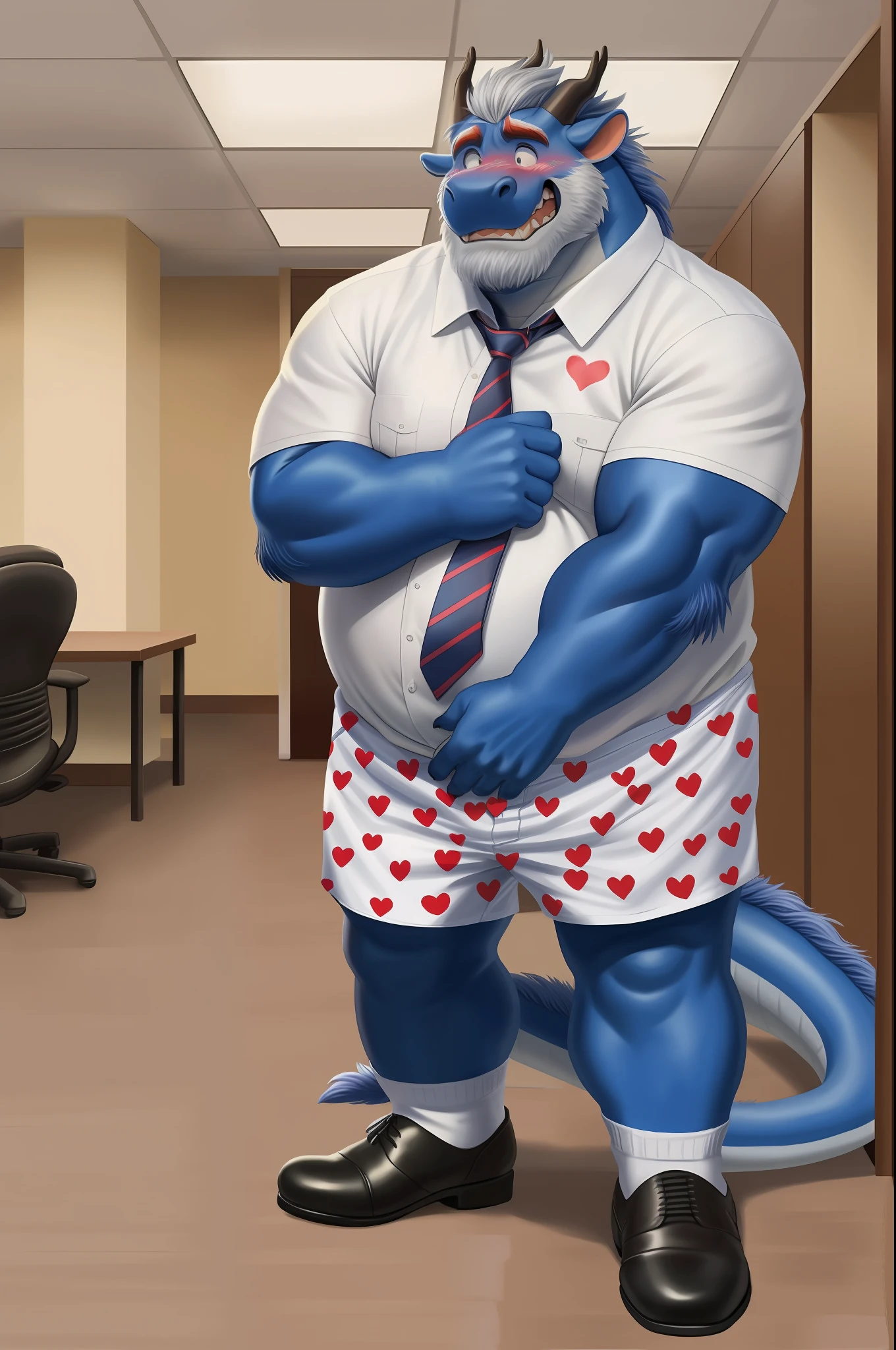 blue body, eastern dragon, anthro, male, old chubby dragon,(overweight male), office, dim, gray hair, facial hair, detailed eyes,(heart print boxers:1.4),(white shirt:1.4),(necktie:1.2),(black socks,dress shoes:1.3),(covering crotch:1.4),(embarrassed:1.5), standing, looking to the viewer,indoors,(hi res, best quality, high quality, detailed, shaded, shading, masterpiece:),(by rossciaco, by adios)