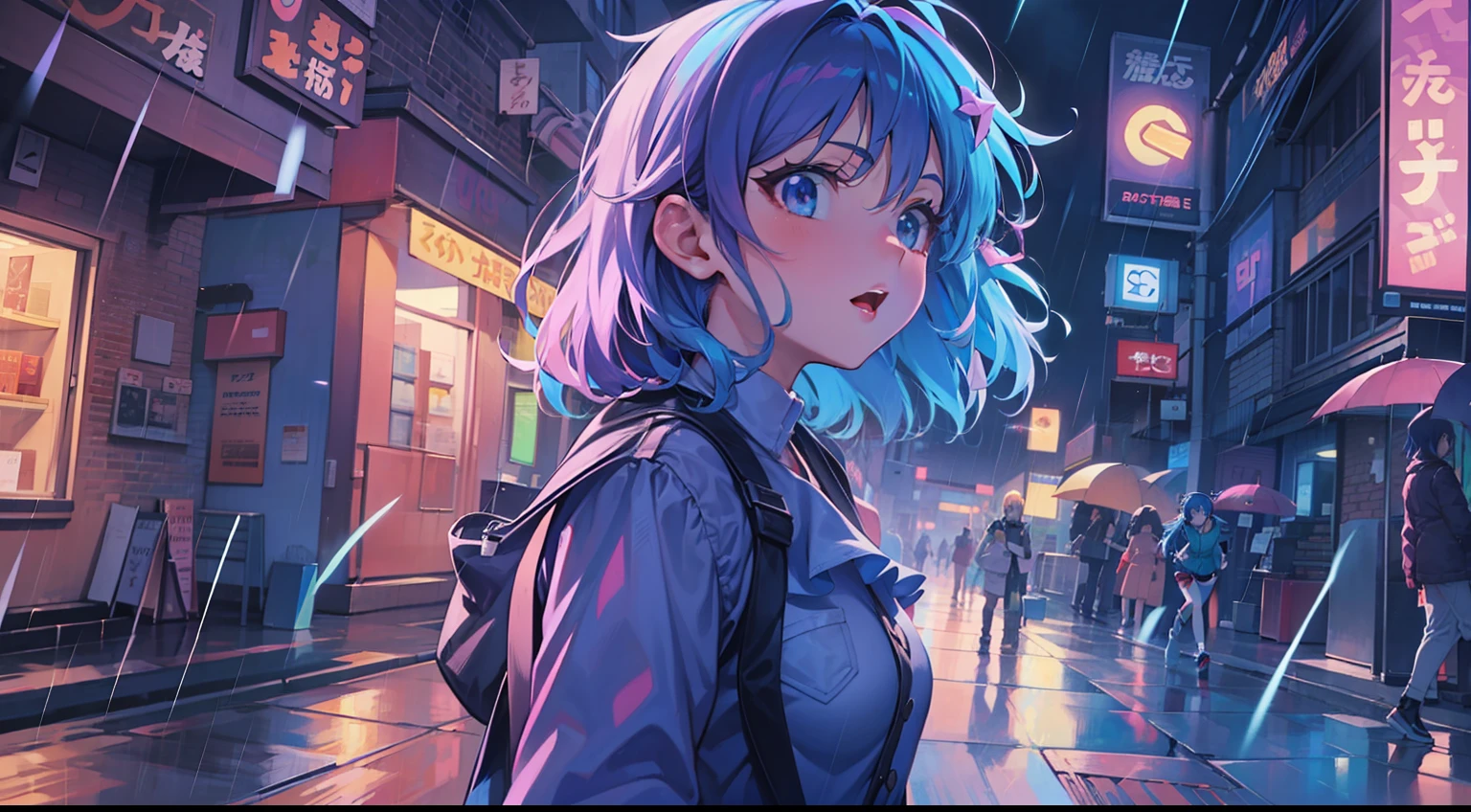 Anime girl walking down street in rain at night,, in the art style of 8 0 s anime, the anime girl is running, ' ramona flowers ', cosmic girl, style of anime4 K, 8 0 s anime art style, Praise Artstyle, official fanart, Anime style illustration
