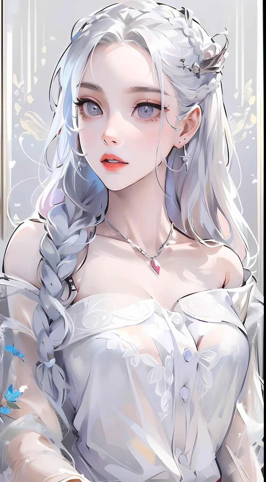 Best quality, highly detailed, masterpiece, ultra detailed, (reality: 1.2), 1 girl, (white background), simple background, delicate eyes, silver hair, purple eyes, hair_ornament, (white off-the-shoulder shirt: 1.3), long hair, pointy_ears, crown_braid, expressionless, straight hair, (++ sitting: 1.2), room,