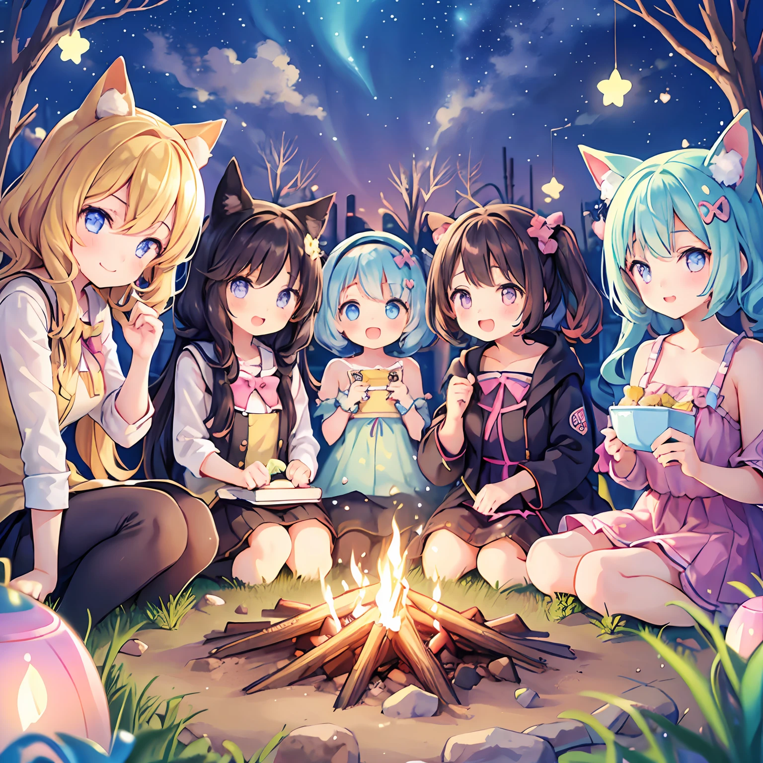 masterpiece, (2girls and 2girls and 2girls and 2girls around campfire), idol, big eyes, kawaiitech, kawaii, cute, pastel colors, best quality, happy, deep background, symmetrical, tilted head, summer