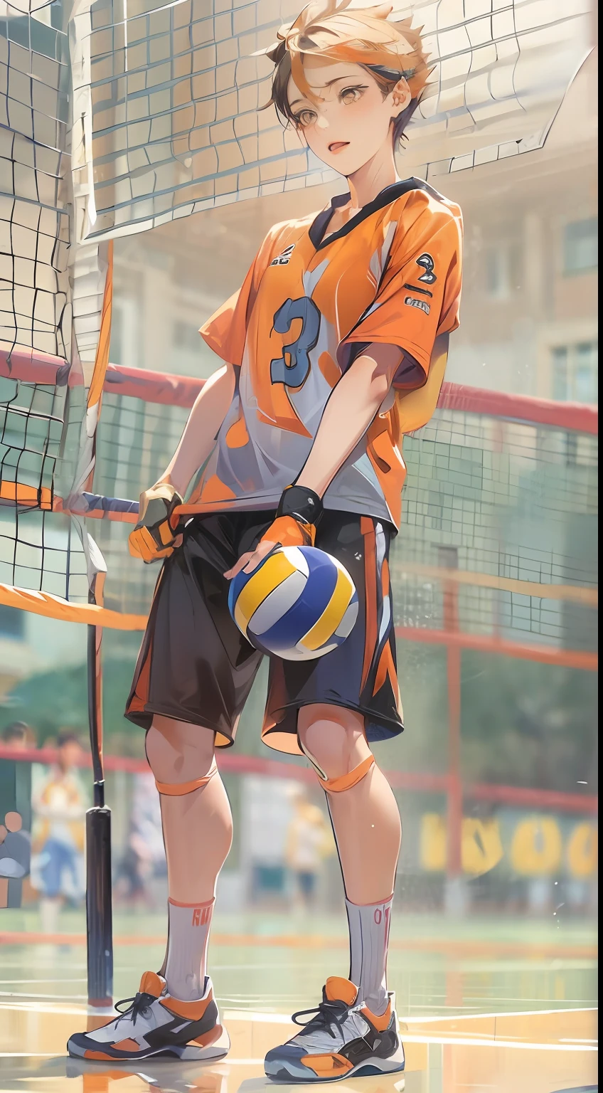 Nishinoya Yu ,独奏,1boys,tmasterpiece,best qualityer,((1人))。((Older),Haihisa!!nishinoya_Yuu high resolution,Ball black_hair (blonde_hair) brown_eyes clothes_writing,Feather footprints karasuno_volleyball_uniform male_focus multicolored_hair orange_shirt parted_lips playing_Sports shirt short_Hair solo (streaked_hair) Sweat two tones_hair upper_Body volleyball (volleyball_uniform) (volleyball field)