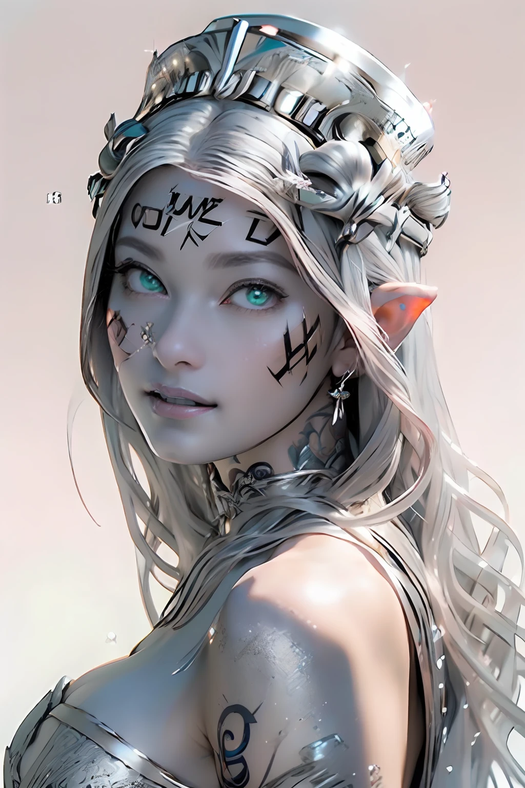Ultra-detailed complex 3D rendering of the face, (masterpiece, top quality, octane rendering,), glamour shots full body image, very beautiful young elves, cleavage, (highly detailed skin: 1.2), (exposure: 1.1), ((blue micro bikini: 1.95)))). , 8k, (((very soft breasts)), (((conspicuous large pink areola)), beautiful Caucasian woman with white skin with full soft breasts with big buttocks, one, long braided hair, big breasts, dynamic angles, (((huge breasts: 2.4)), ultra-realistic photos, ((((((silver hair)))), futuristic urban background, facial muscles, (((((detailed and glamorous silver crown)))), In the style of Marvel Comics, ArtStation Trends, Clear Focus, Intricate Details, Very Detailed, Detailed Green Eyes, Sharp Focus, Digital Rendering, Professional, Abs, Lip Gloss, Glossy Skin, Sexy Pose, Golden Tattoo All Over Body, Silver Pattern All Over Body, Silver Lame Skin, Gold Glitter Skin, Mansuji, Buttocks, Jeweled All Over the Body, with silver scales, silver hair,
