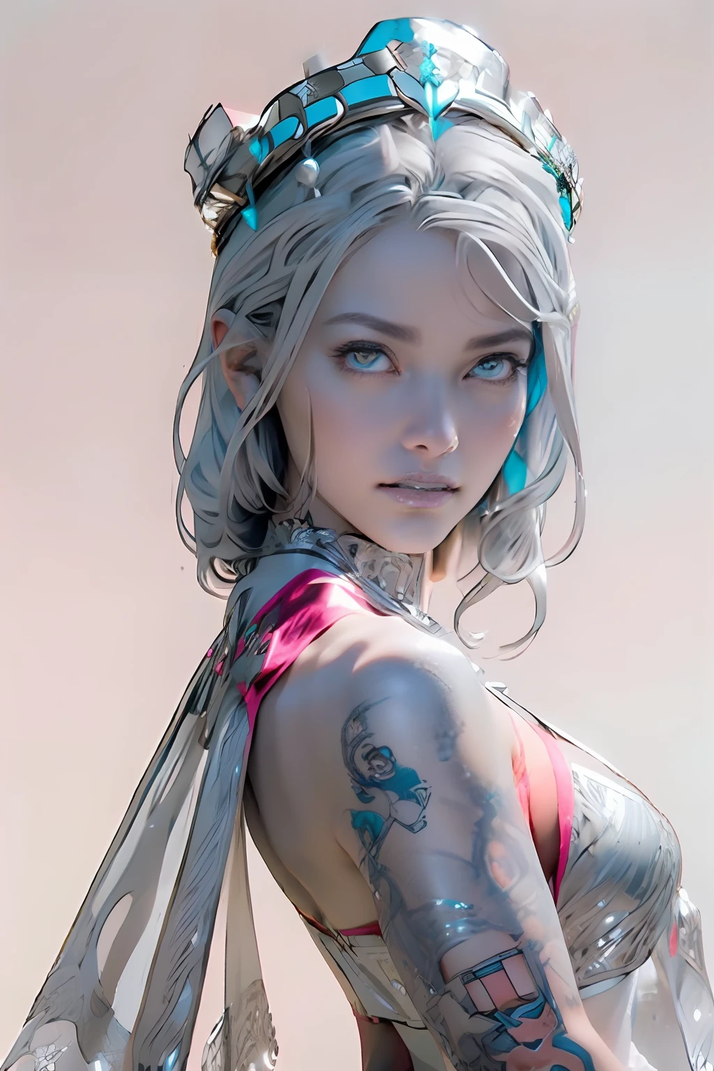 Ultra-detailed complex 3D rendering of the face, (masterpiece, top quality, octane rendering,), glamour shots full body image, very beautiful young elves, cleavage, (highly detailed skin: 1.2), (exposure: 1.1), ((blue micro bikini: 1.95)))). , 8k, (((very soft breasts)), (((conspicuous large pink ??????)), beautiful Caucasian woman with white skin with full soft breasts with big buttocks, one, long braided hair, big breasts, dynamic angles, (((huge breasts: 2.4)), ultra-realistic photos, ((((((silver hair)))), futuristic urban background, facial muscles, (((((detailed and glamorous silver crown)))), In the style of Marvel Comics, ArtStation Trends, Clear Focus, Intricate Details, Very Detailed, Detailed Green Eyes, Sharp Focus, Digital Rendering, Professional, Abs, Lip Gloss, Glossy Skin, Sexy Pose, Golden Tattoo All Over Body, Silver Pattern All Over Body, Silver Lame Skin, Gold Glitter Skin, Mansuji, Buttocks, Jeweled All Over the Body, with silver scales, silver hair,